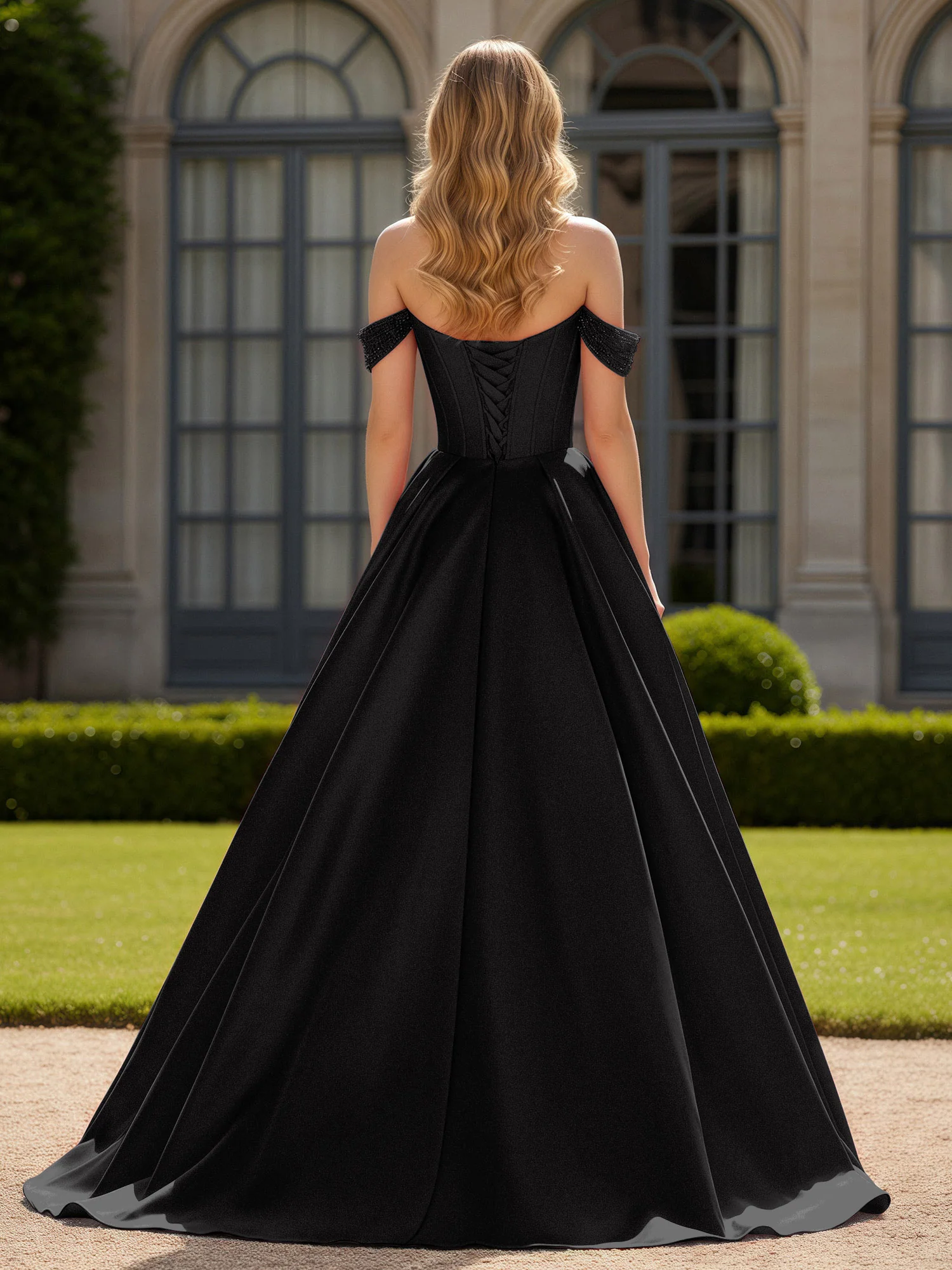 Off-Shoulder Beaded Sweetheart A-Line Gown with Slit Black - Image 2