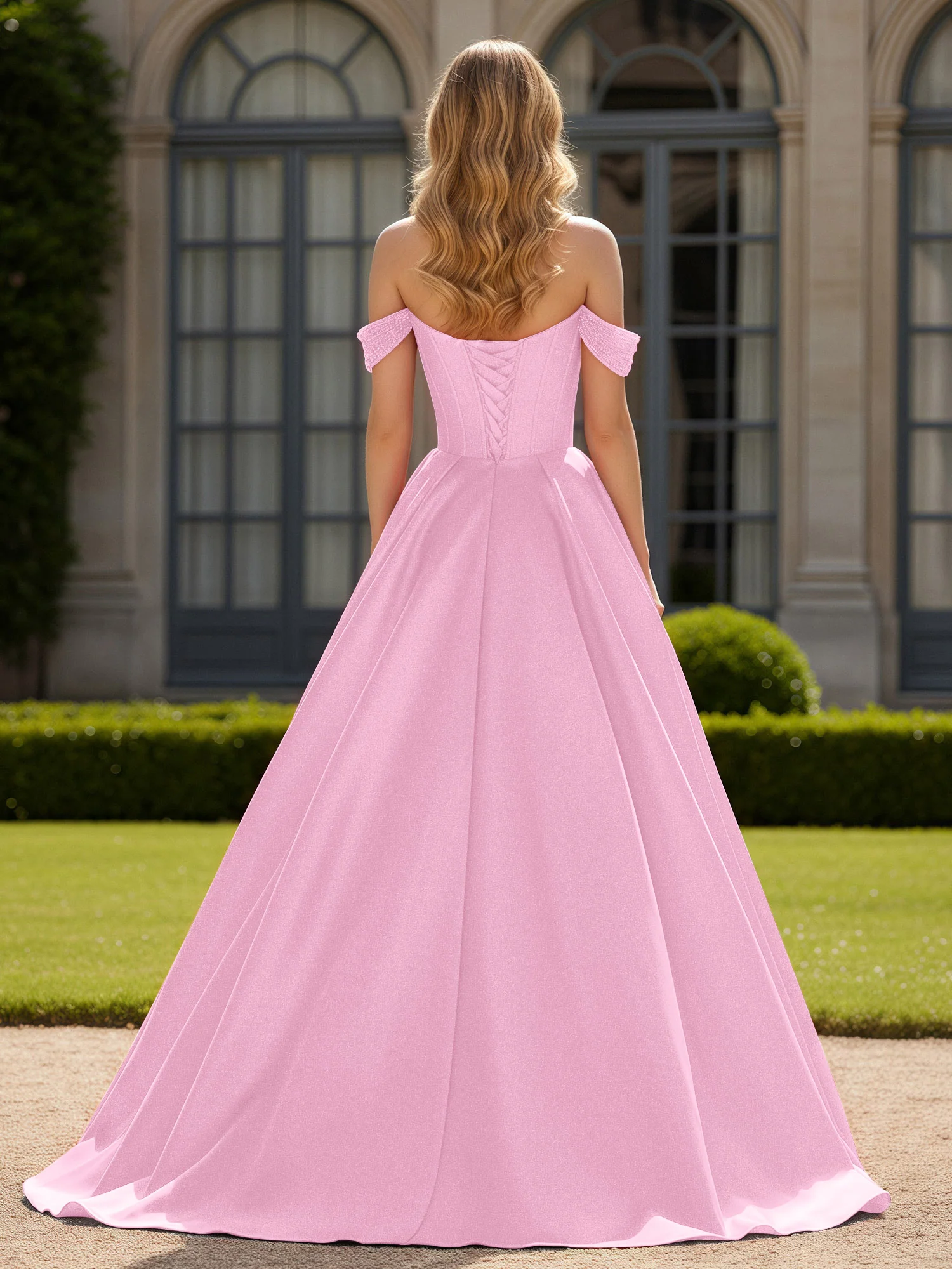 Off-Shoulder Beaded Sweetheart A-Line Gown with Slit Candy Pink - Image 2