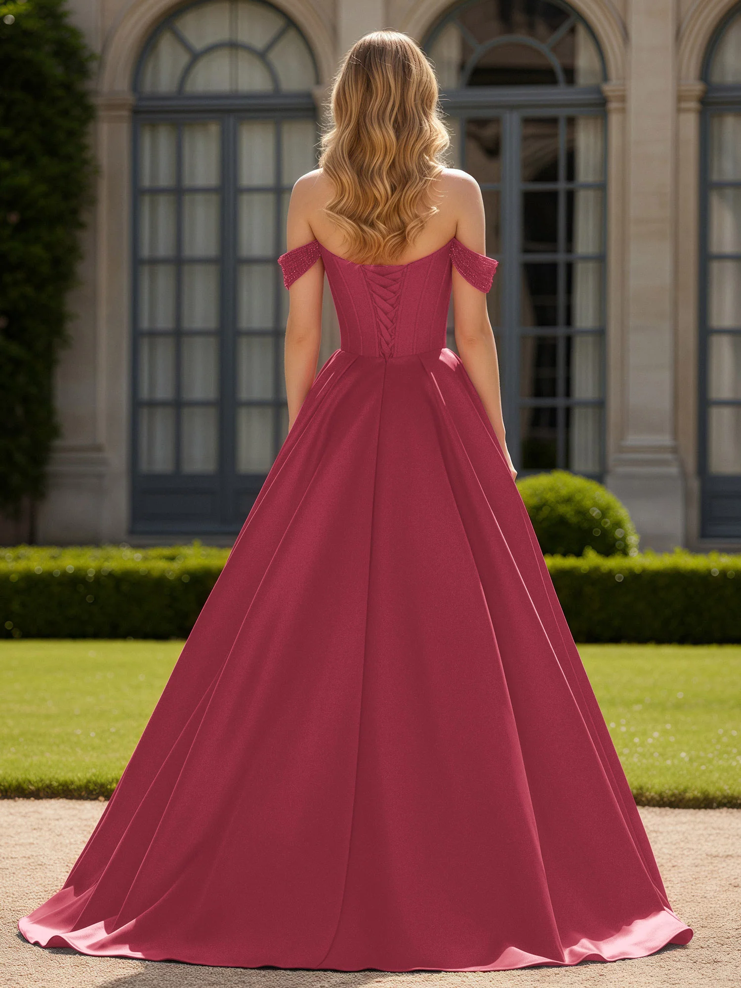 Off-Shoulder Beaded Sweetheart A-Line Gown with Slit Cinnamon Rose - Image 2