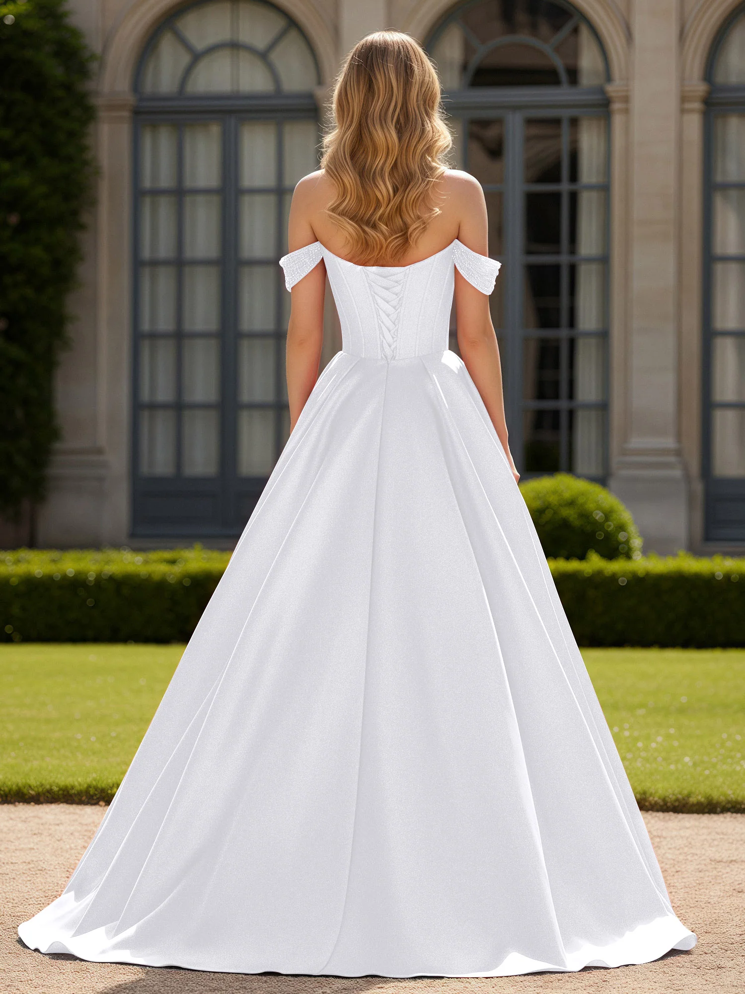 Off-Shoulder Beaded Sweetheart A-Line Gown with Slit White - Image 2