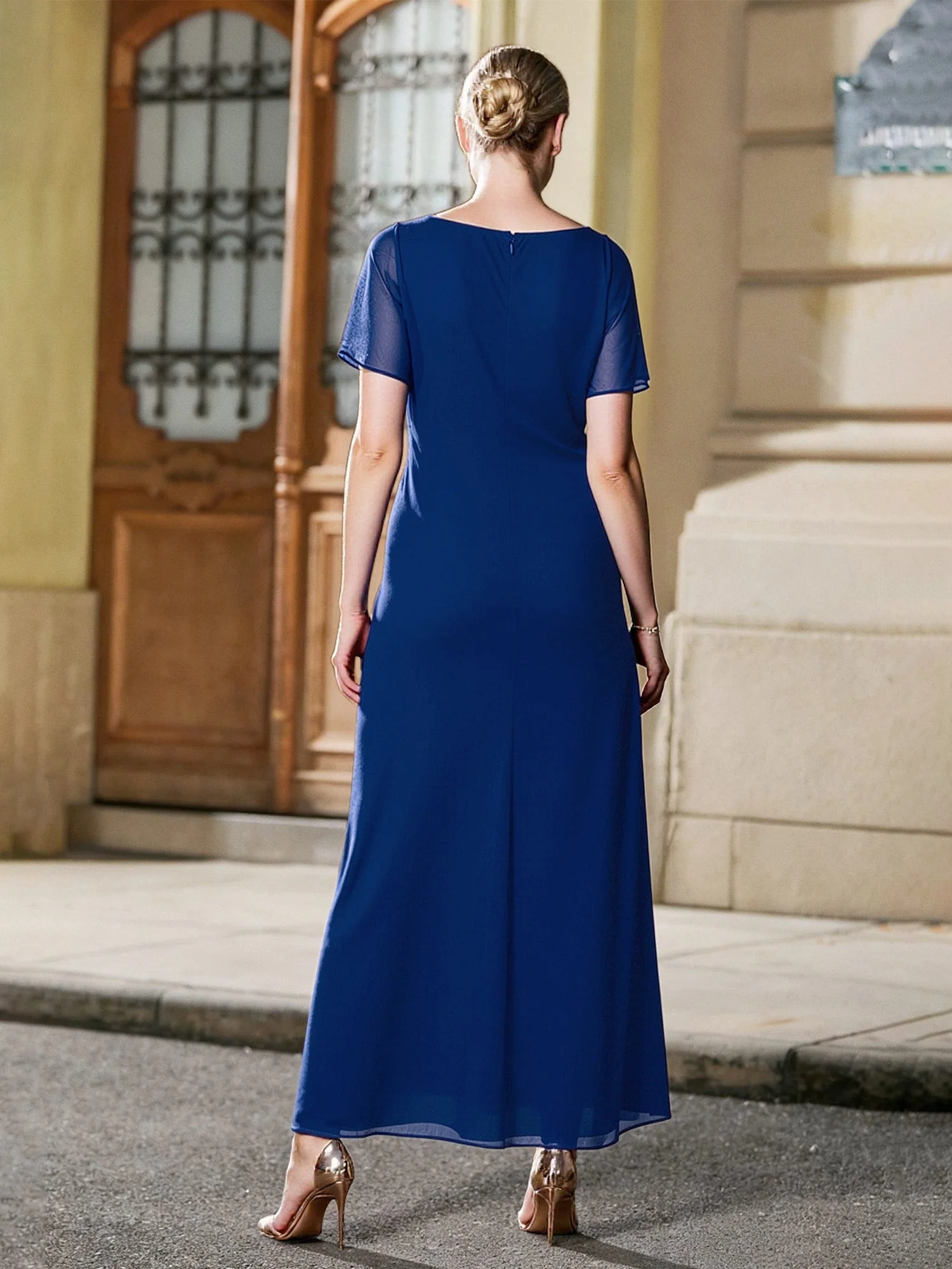Pleated V-neck Ruffles Long Dress With Rhinestone Ocean Blue - Image 2