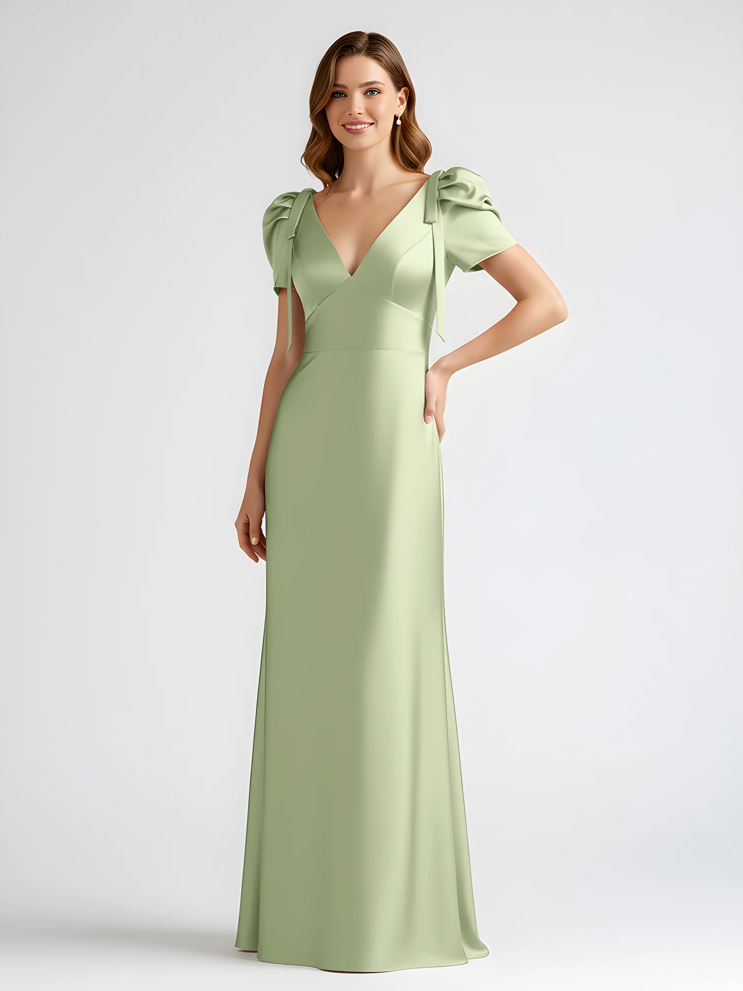 Bow-Detail Short Sleeve Satin Column Maxi Dress Dusty Sage - Image 3