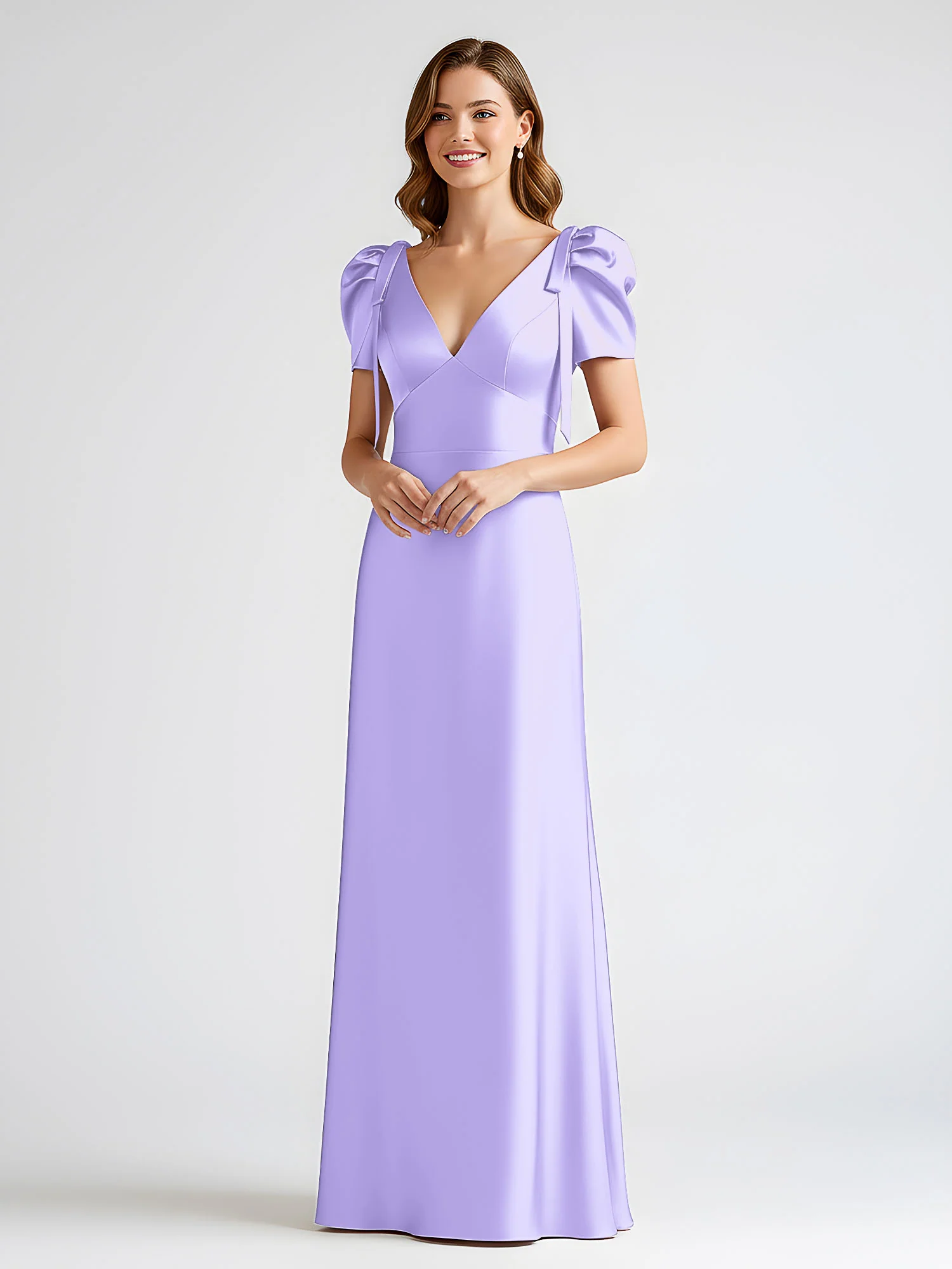 Bow-Detail Short Sleeve Satin Column Maxi Dress Lilac