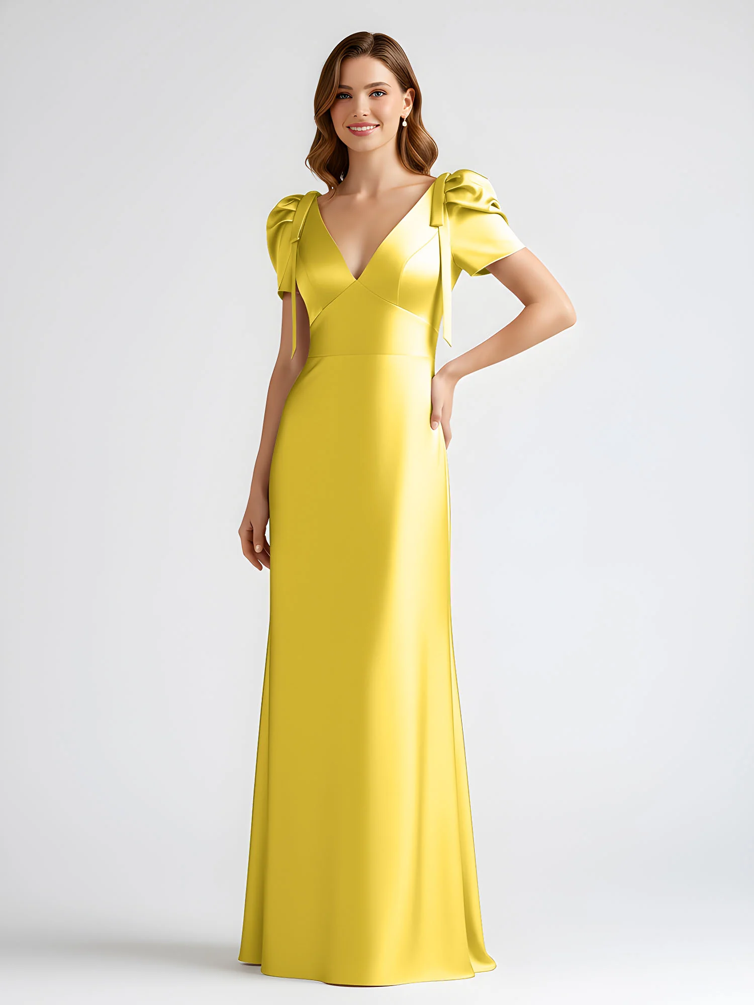 Bow-Detail Short Sleeve Satin Column Maxi Dress Marigold - Image 3