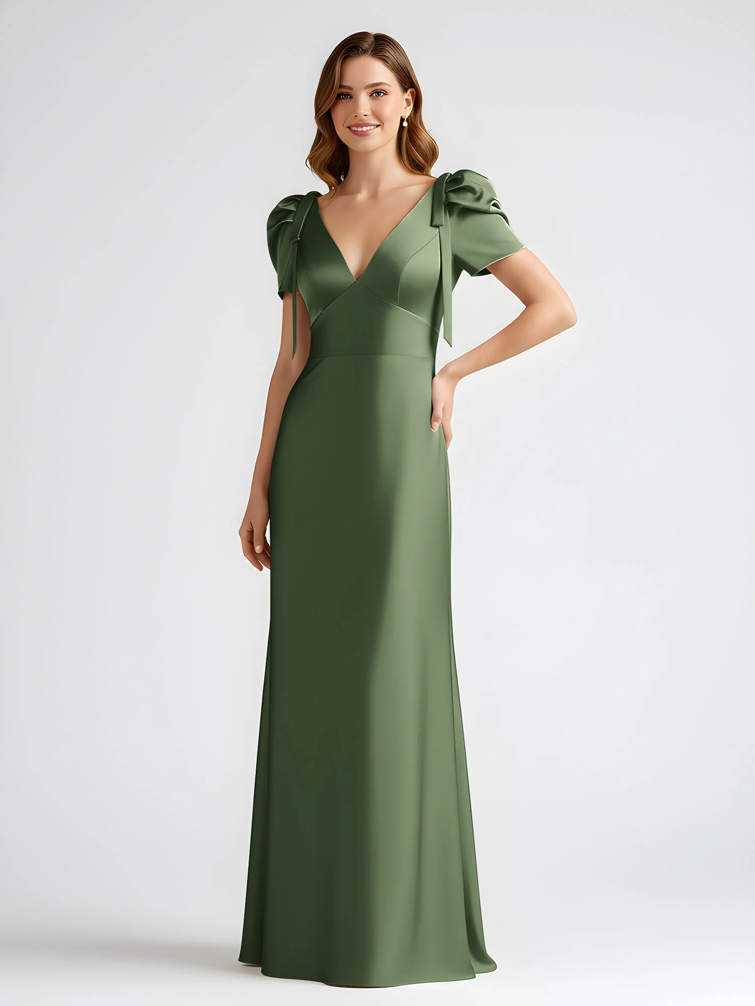 Bow-Detail Short Sleeve Satin Column Maxi Dress Olive Green - Image 3