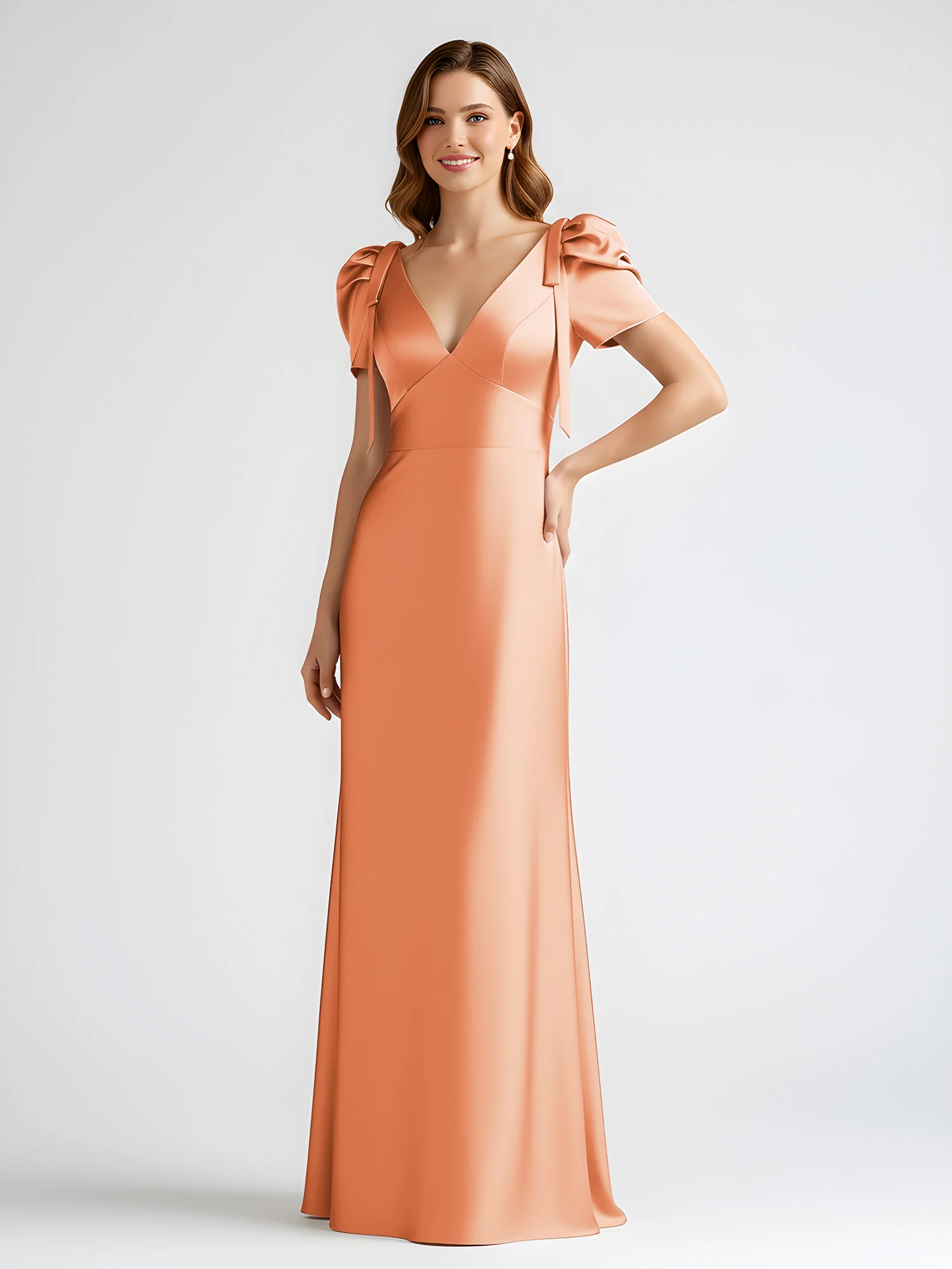 Bow-Detail Short Sleeve Satin Column Maxi Dress Papaya - Image 3