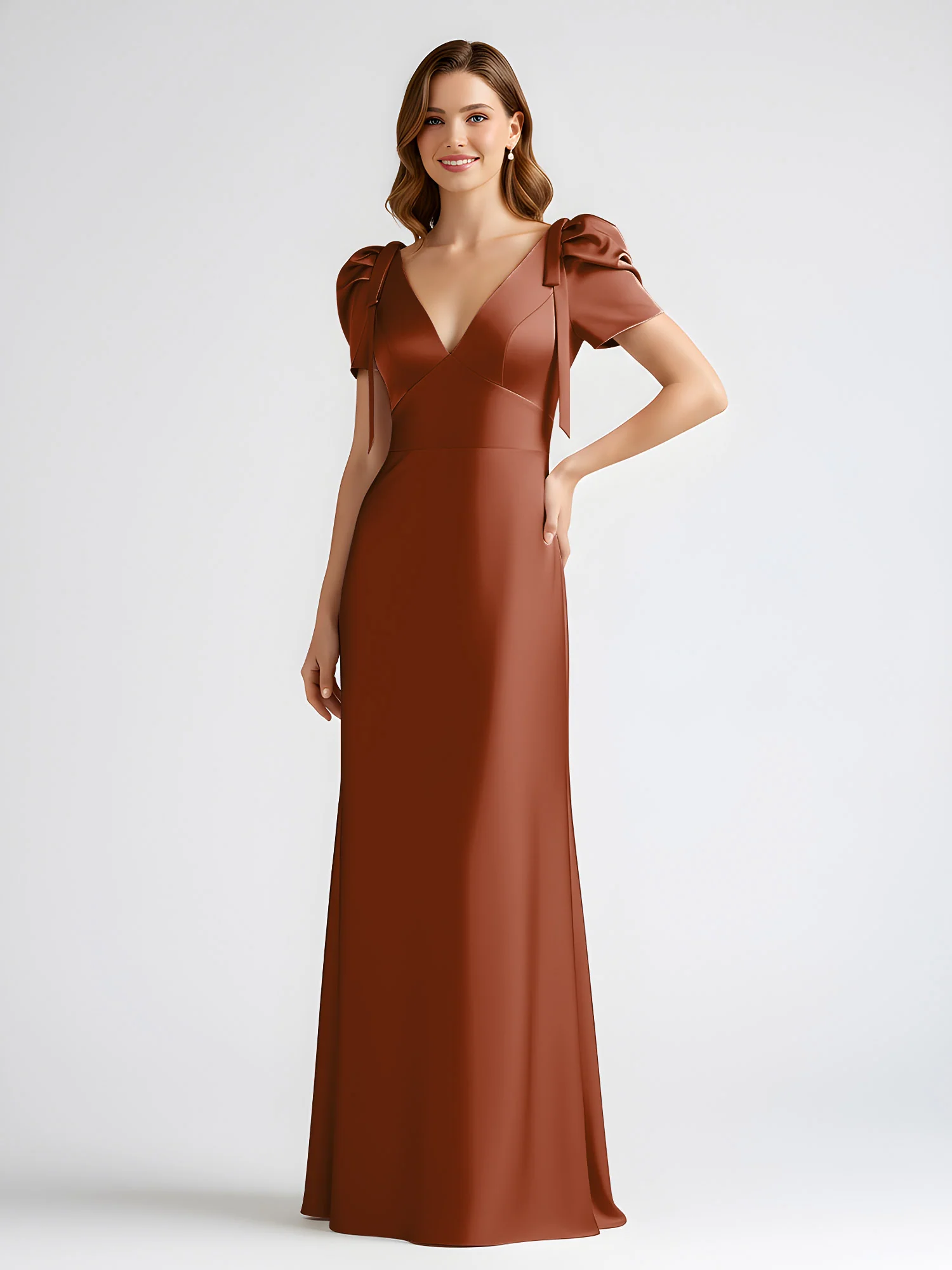 Bow-Detail Short Sleeve Satin Column Maxi Dress Terracotta - Image 3