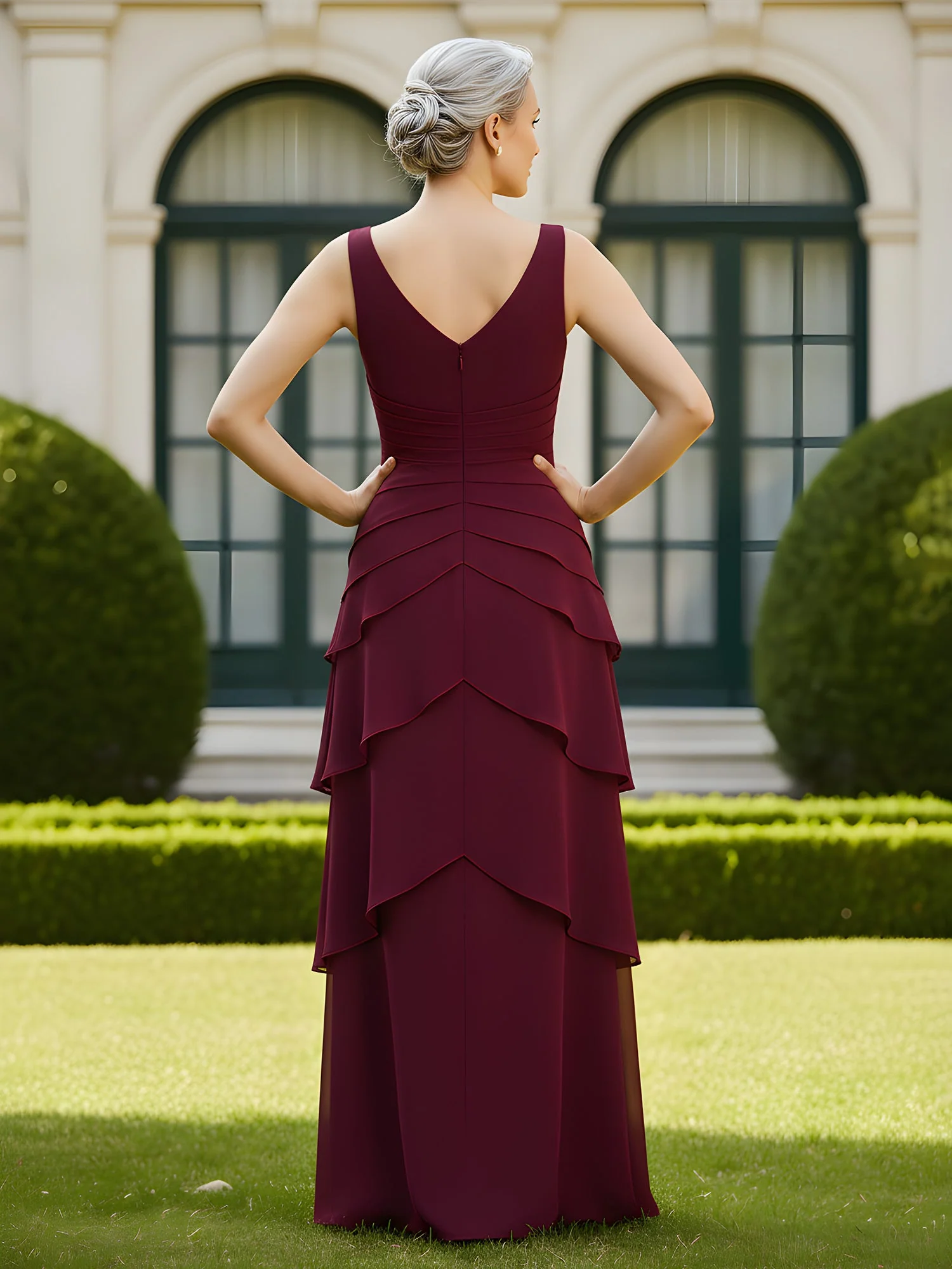 A-Line Pleated V-neck Ruffles Floor-Length Dress Sage - Image 2