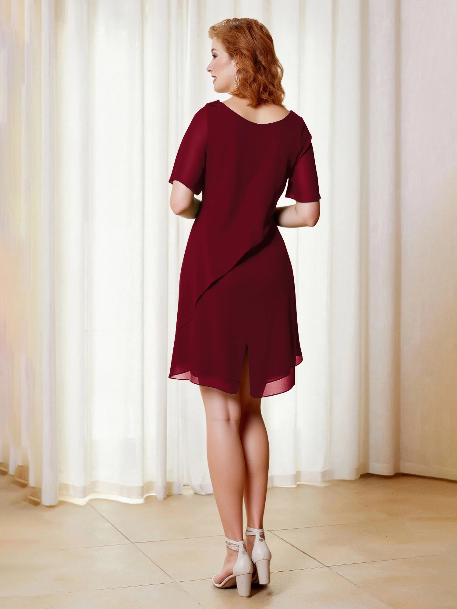 Beaded Scoop Flutter Sleeves Knee-Length Chiffon Dress Burgundy - Image 2