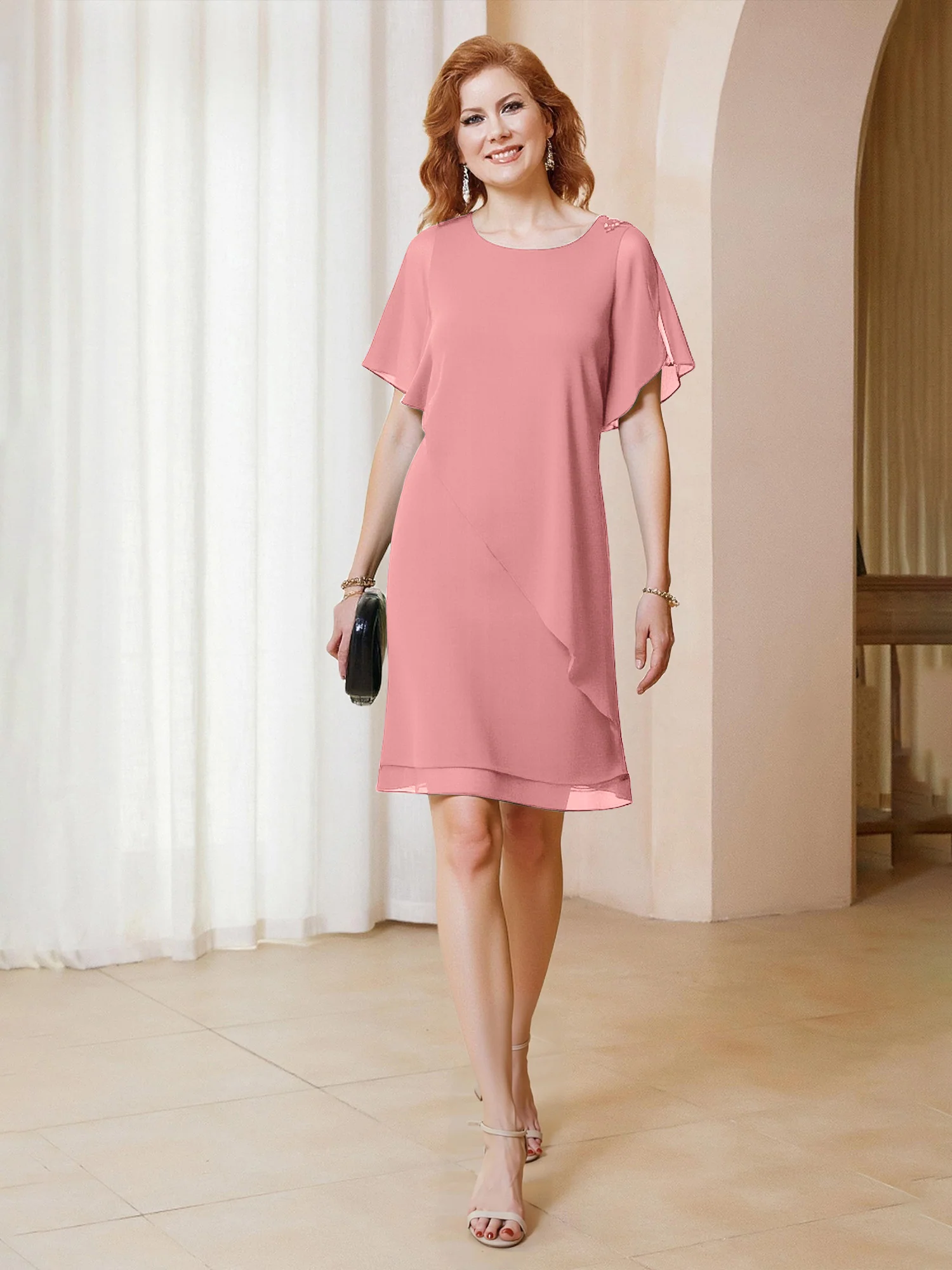 Beaded Scoop Flutter Sleeves Knee-Length Chiffon Dress Flamingo
