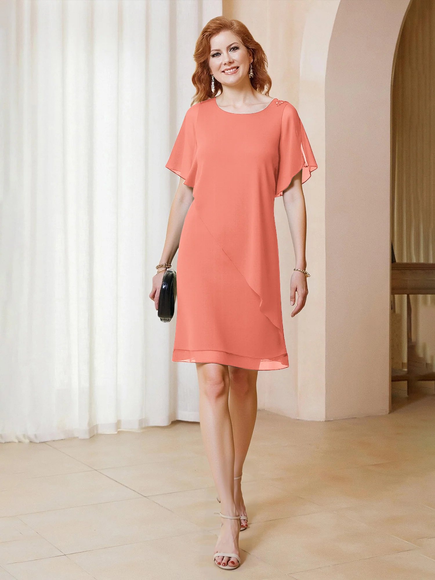 Beaded Scoop Flutter Sleeves Knee-Length Chiffon Dress Sunset