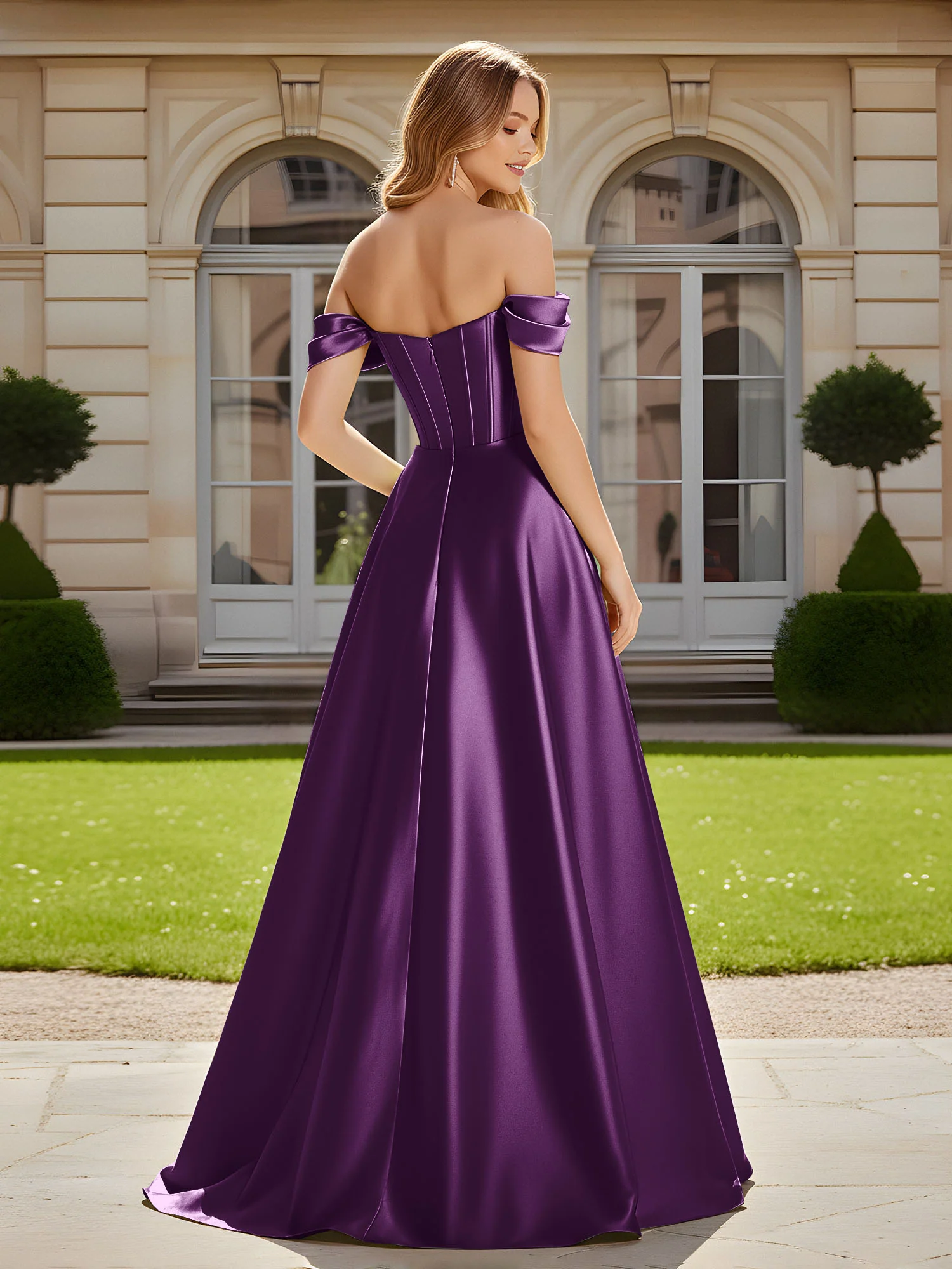Elegant Off-the-shoulder Pleated Maxi Gown With Slit Grape - Image 2