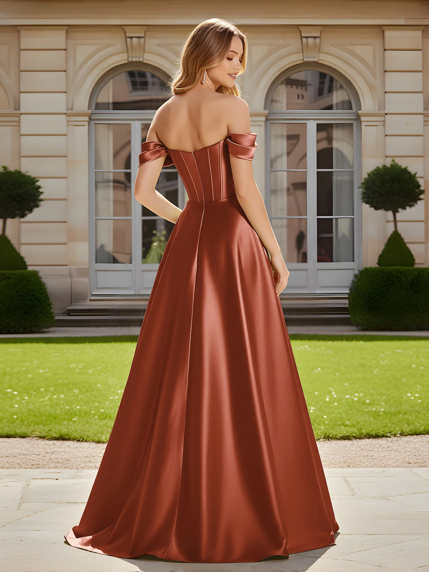 Elegant Off-the-shoulder Pleated Maxi Gown With Slit Rust - Image 2