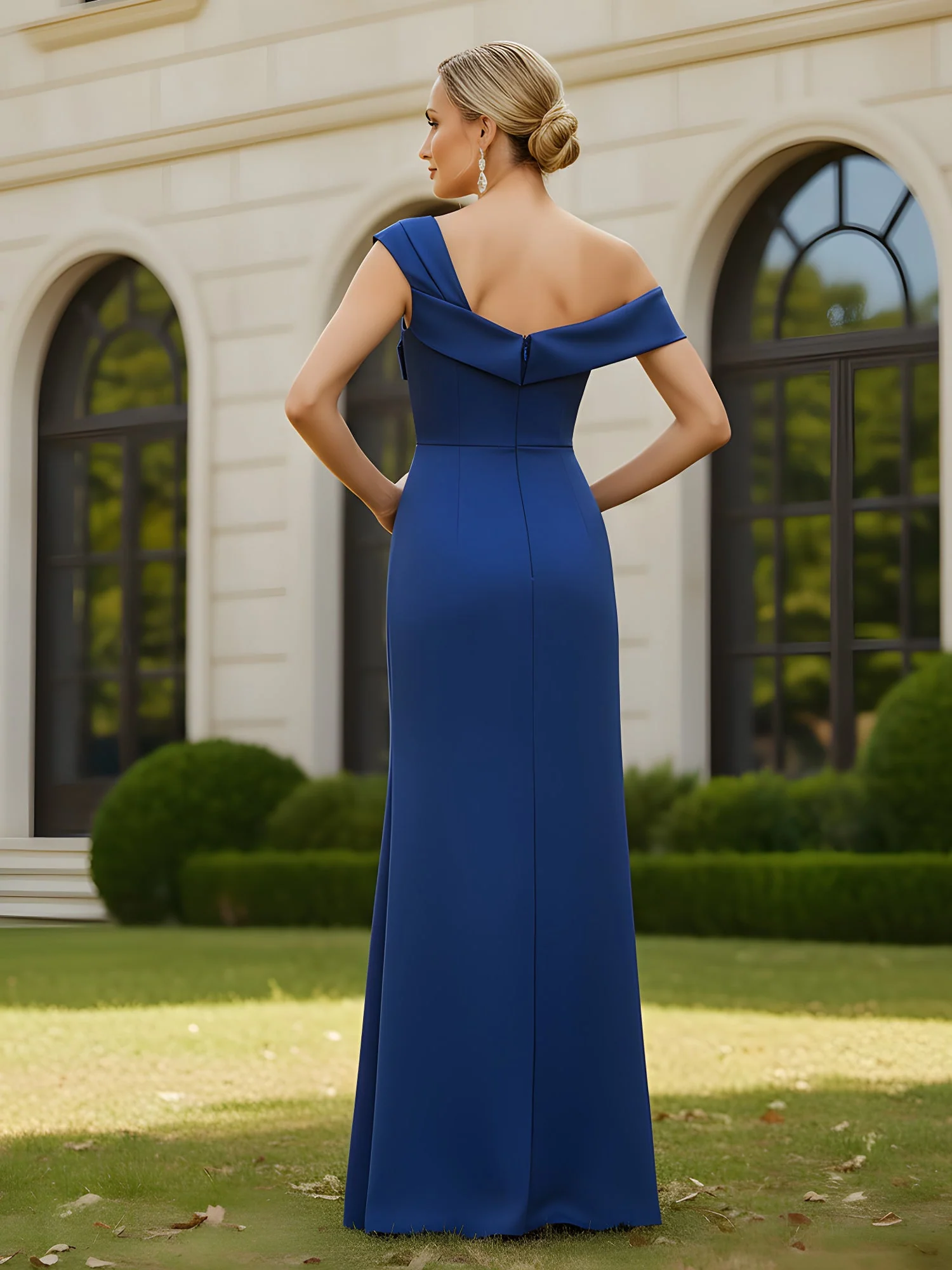 Elegant One Shoulder Sheath Long Gown With Slit Slate Blue - Image 2