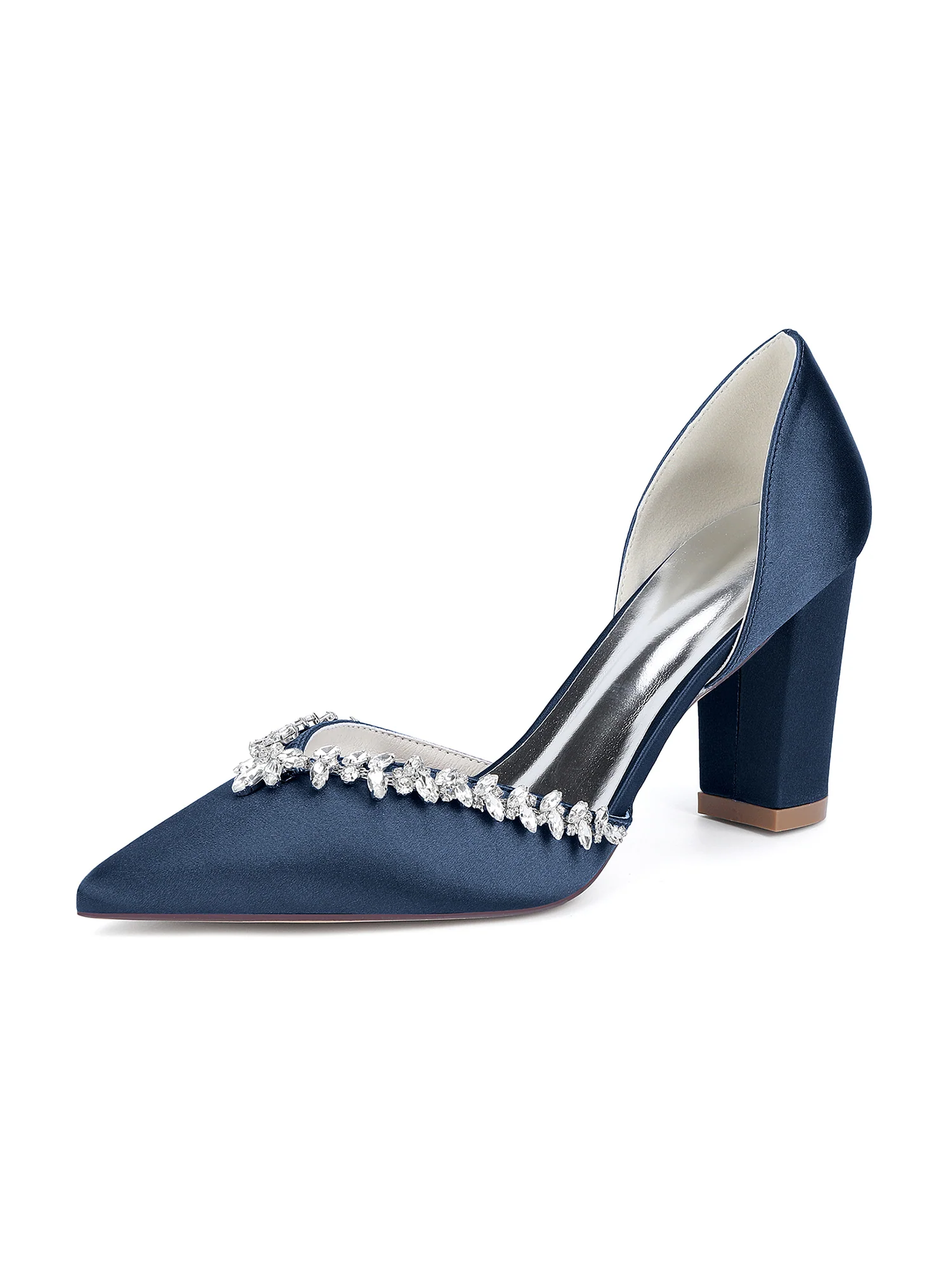 Elegant Pointed Toe Crystal Strap Faux Silk Block Heels - Image 12