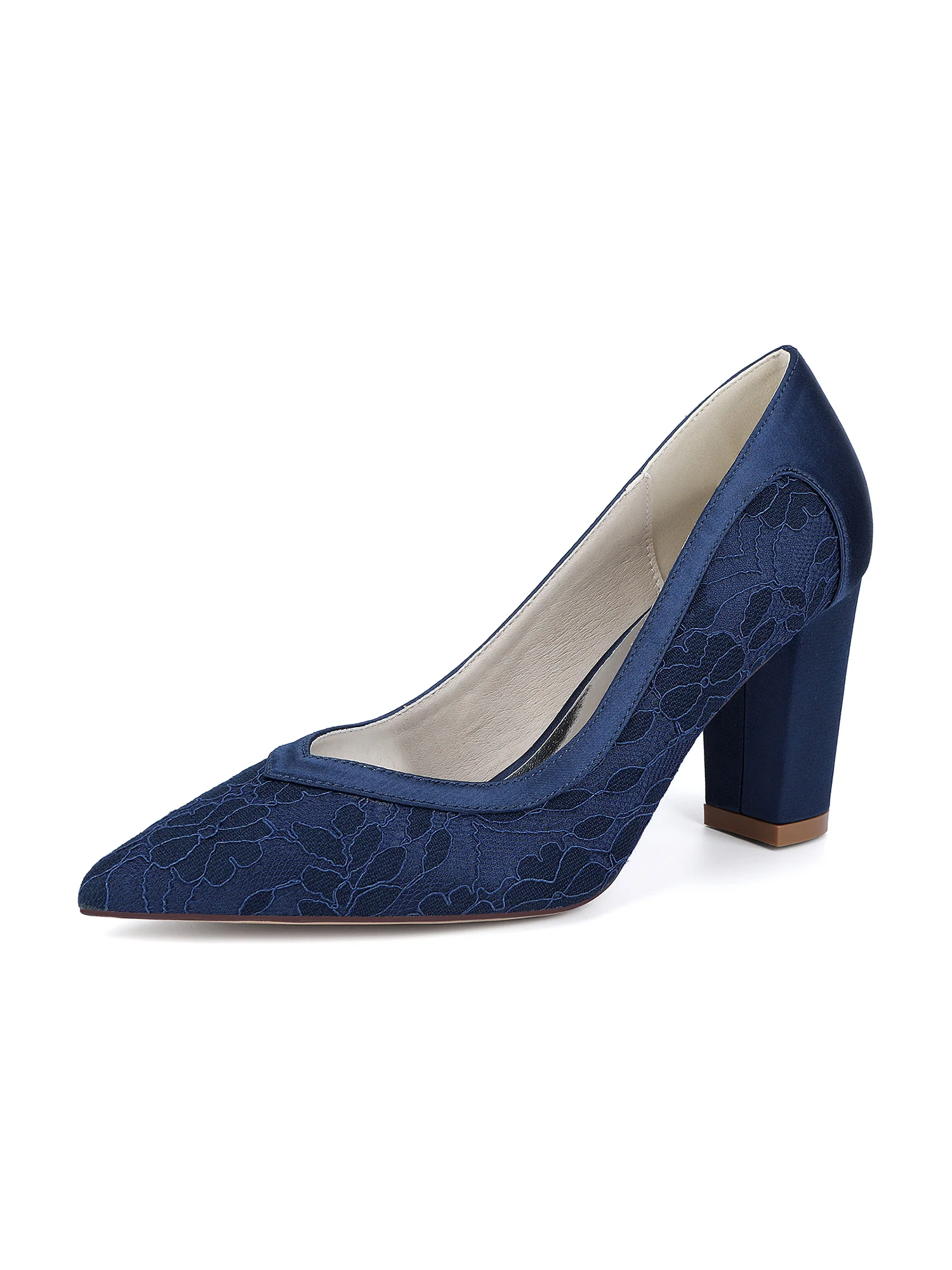 Elegant Pointed Toe Faux Silk Lace Block Heels