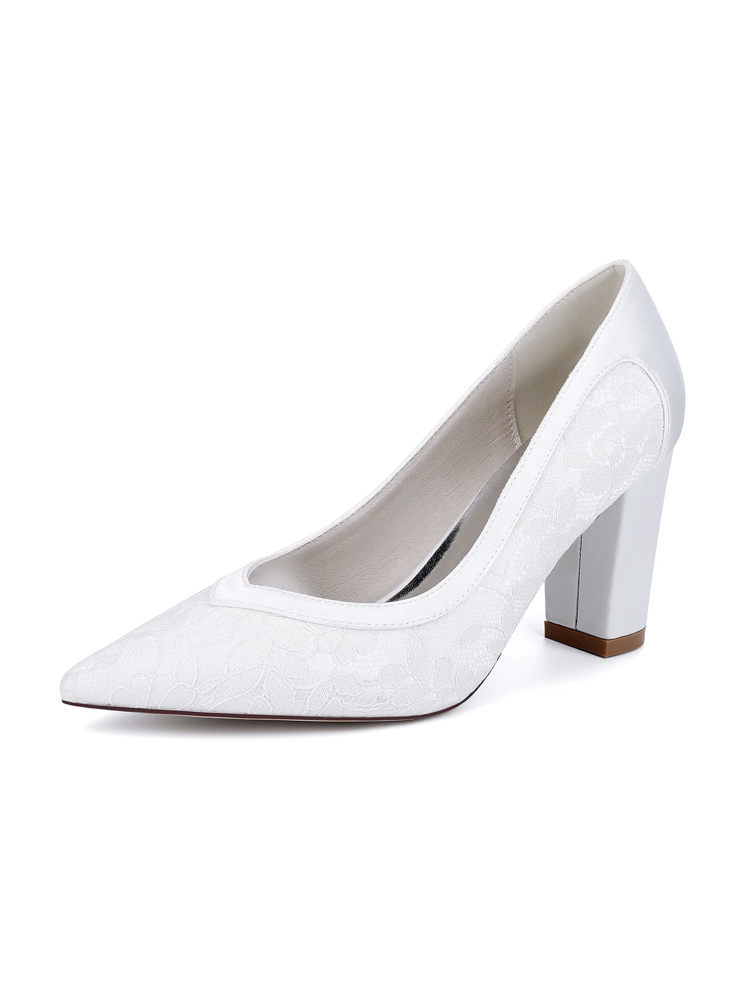 Elegant Pointed Toe Faux Silk Lace Block Heels - Image 6
