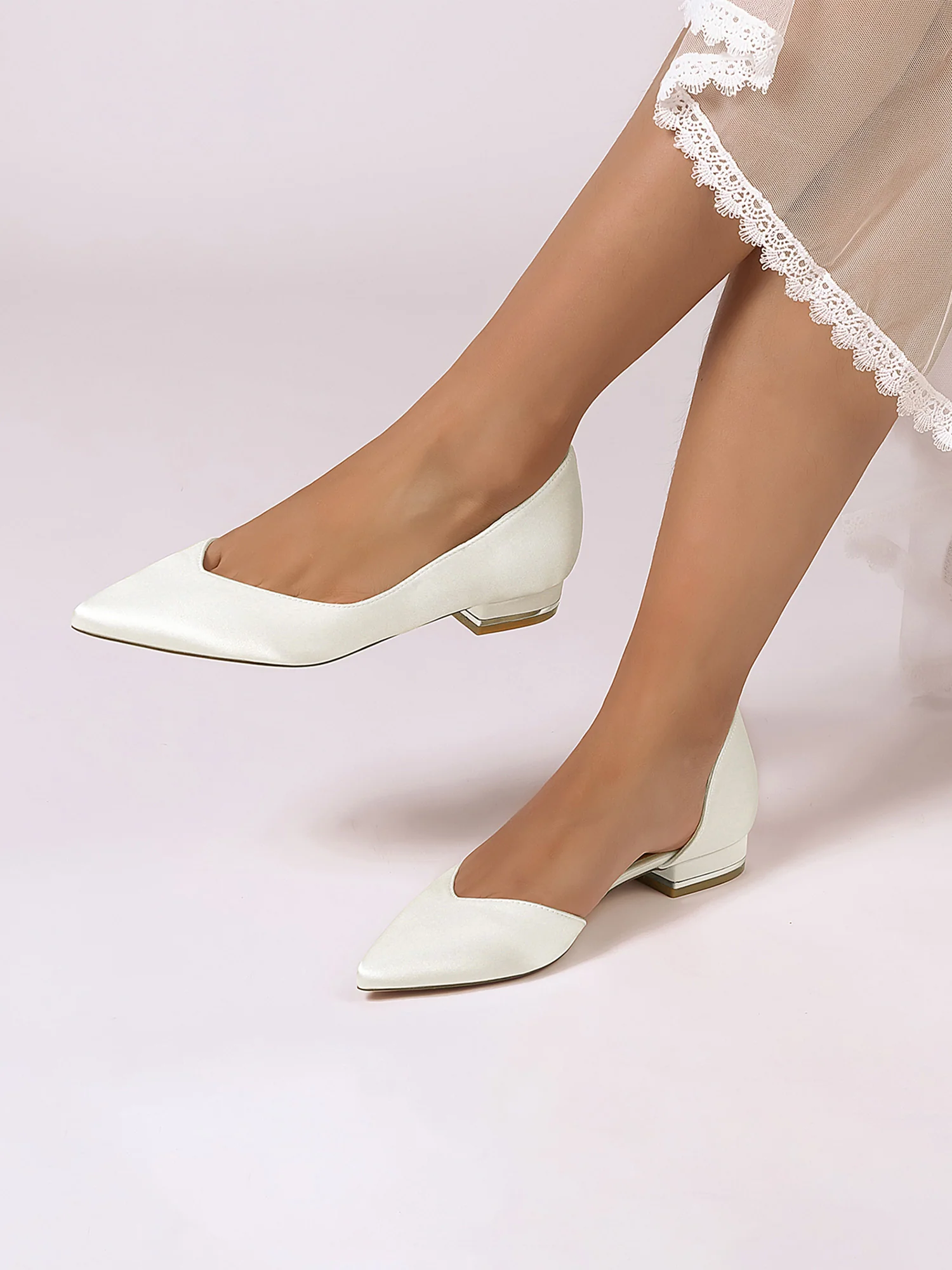 Elegant Pointed Toe Faux Silk Low Chunky Heels - Image 2