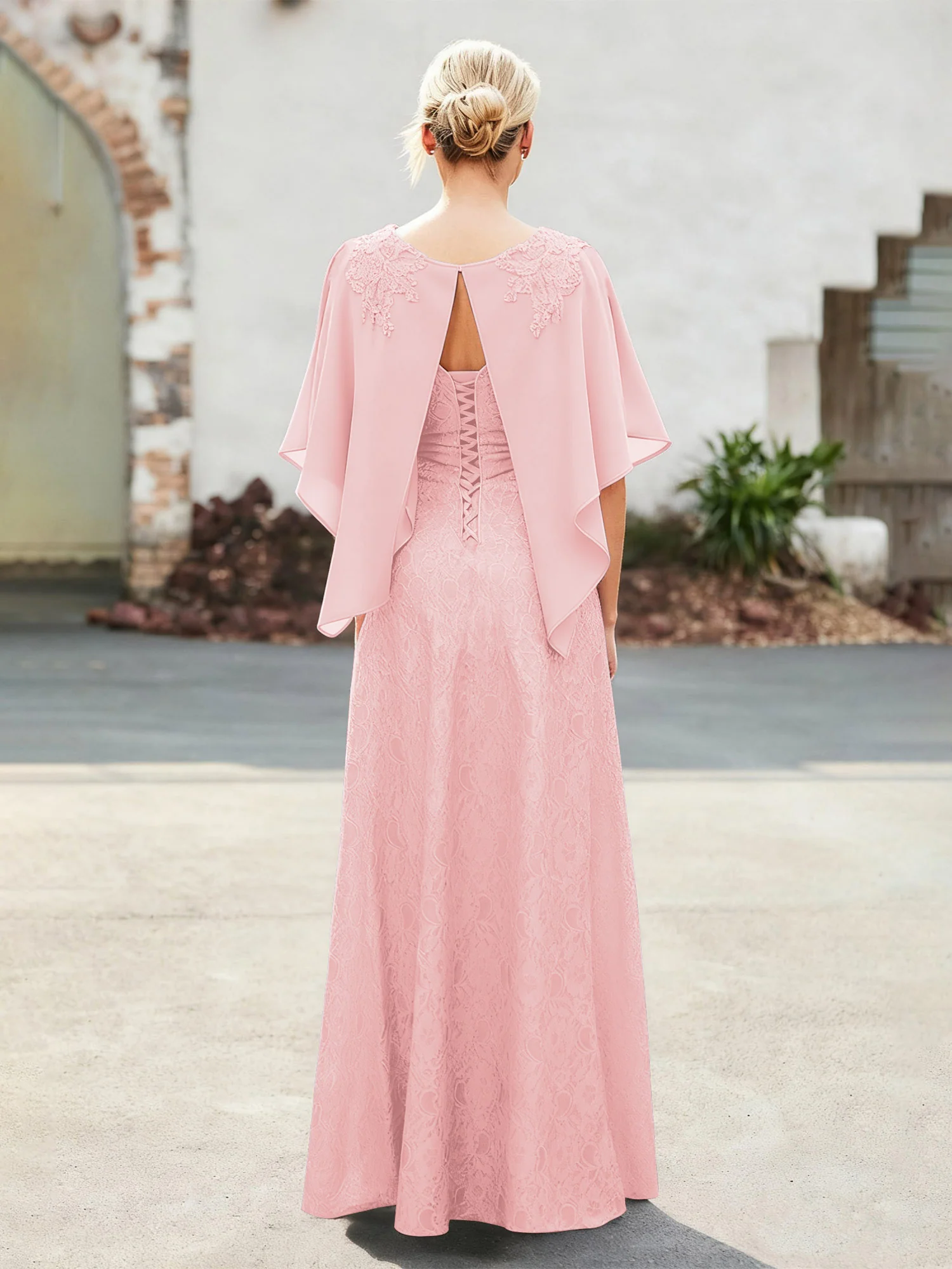 Elegant Scoop Cape Chiffon Lace A-Line Long Dress Blushing Pink - Image 2