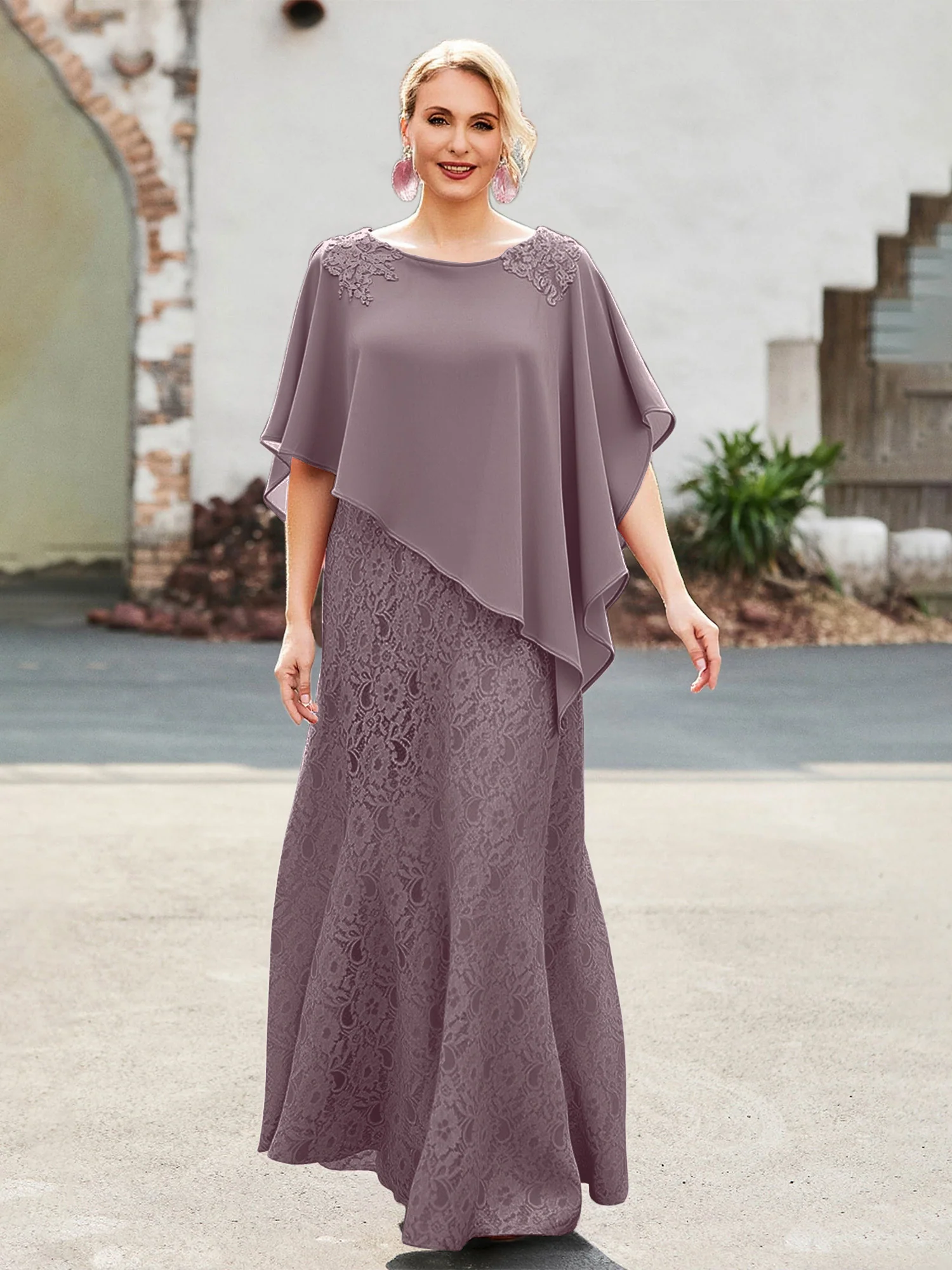 Elegant Scoop Cape Chiffon Lace A-Line Long Dress Dusk