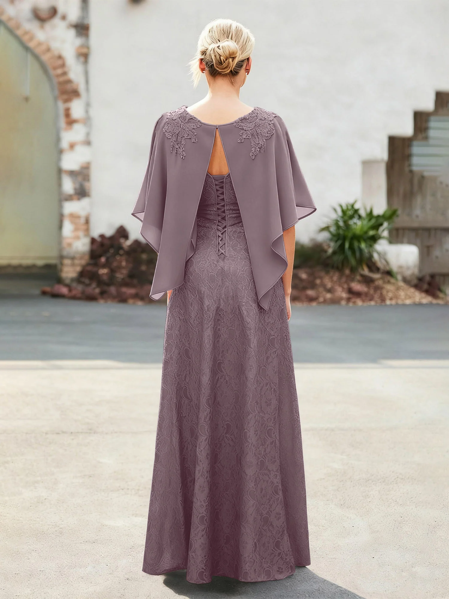 Elegant Scoop Cape Chiffon Lace A-Line Long Dress Dusk - Image 2
