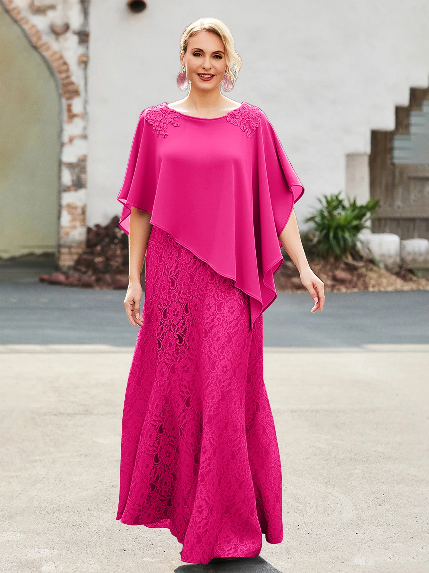 Elegant Scoop Cape Chiffon Lace A-Line Long Dress Fuchsia