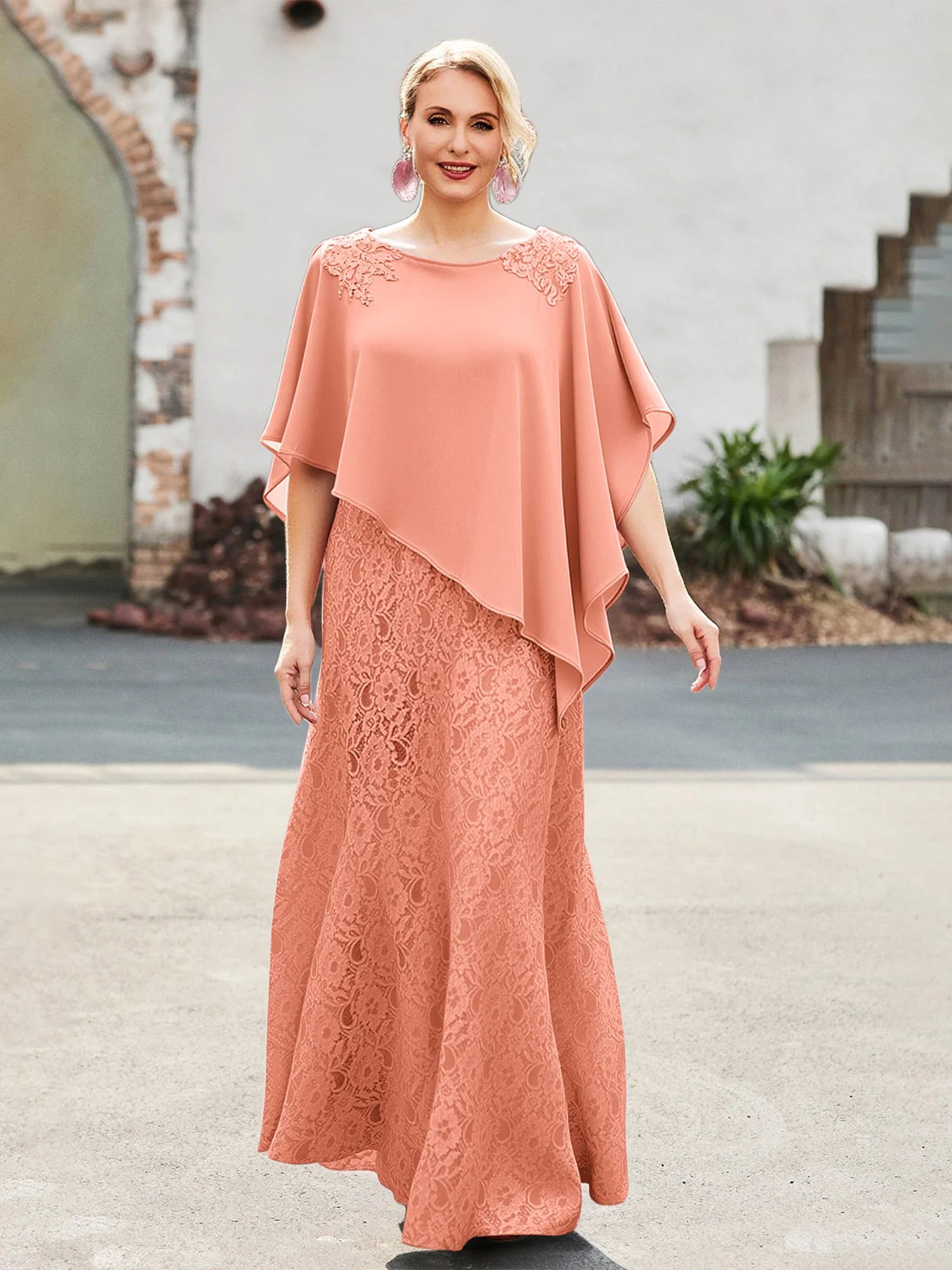 Elegant Scoop Cape Chiffon Lace A-Line Long Dress Papaya