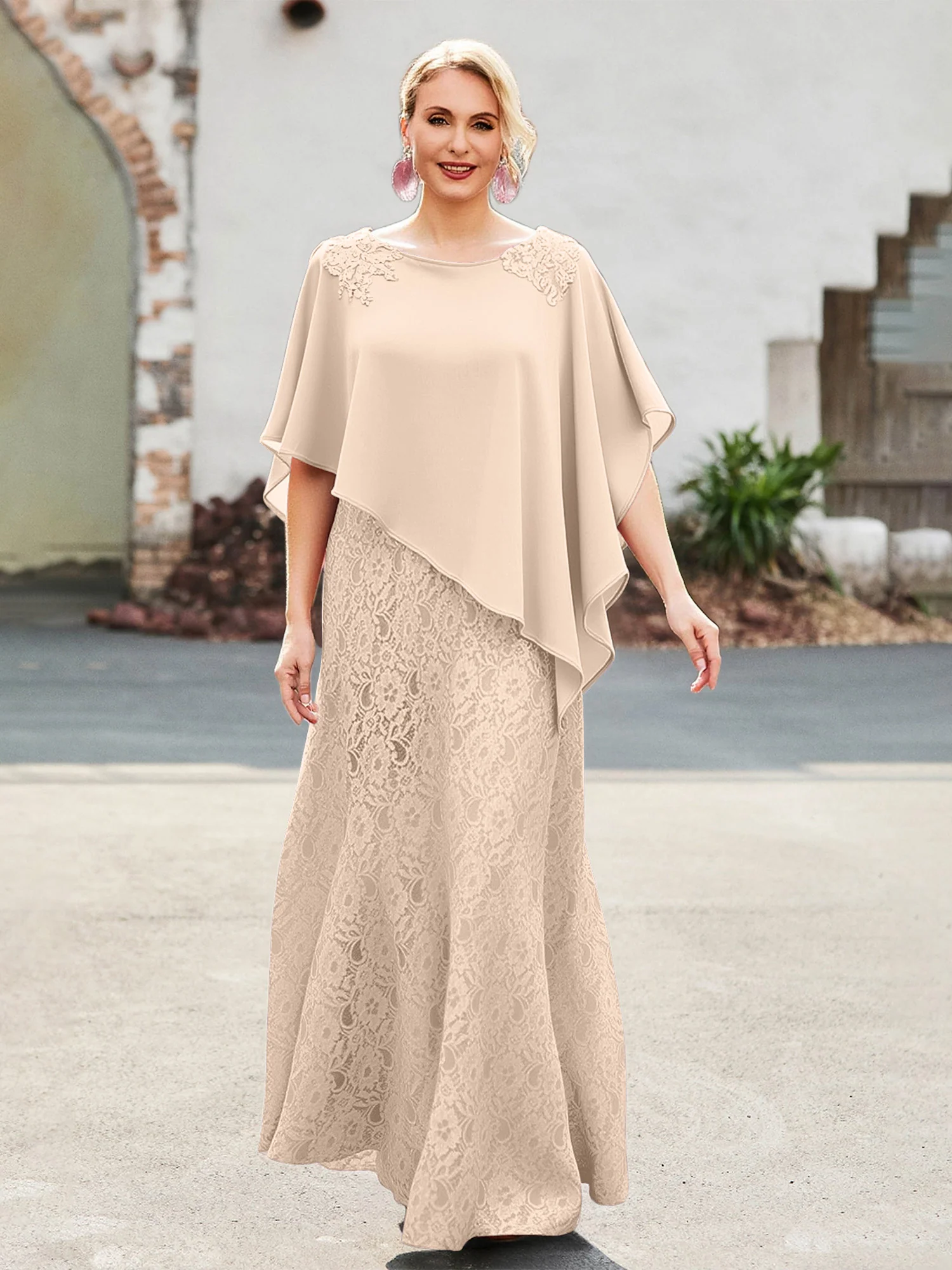 Elegant Scoop Cape Chiffon Lace A-Line Long Dress Peach