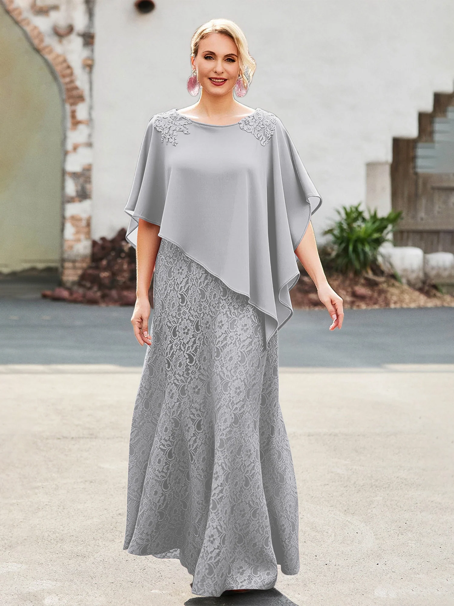 Elegant Scoop Cape Chiffon Lace A-Line Long Dress Silver