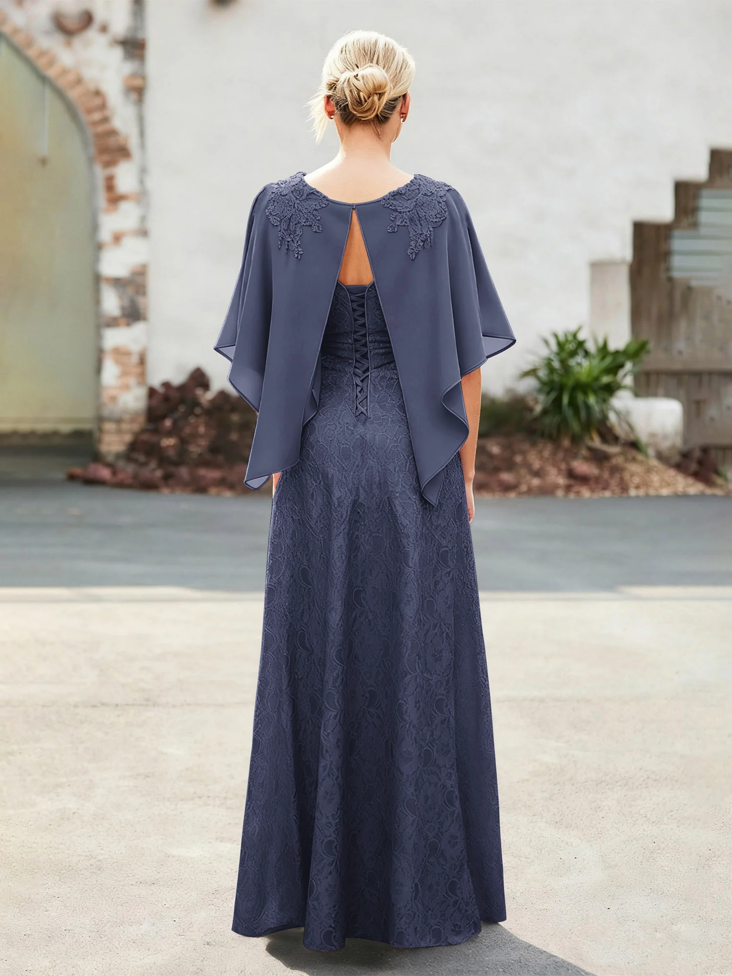 Elegant Scoop Cape Chiffon Lace A-Line Long Dress Stormy - Image 2