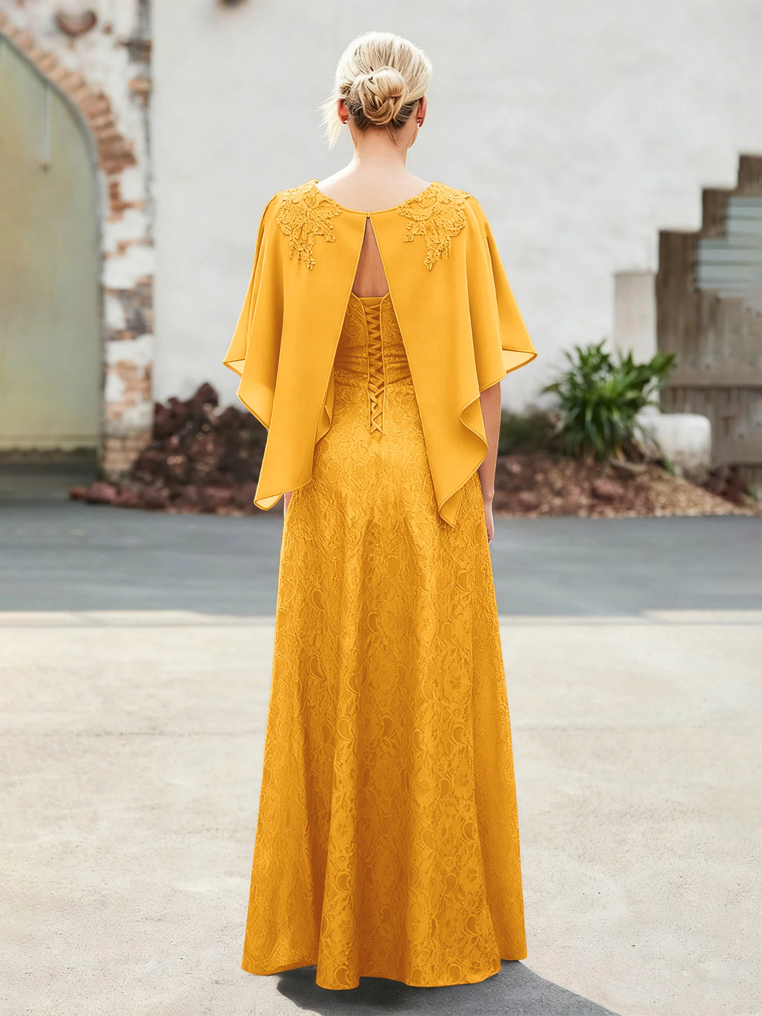 Elegant Scoop Cape Chiffon Lace A-Line Long Dress Tangerine - Image 2