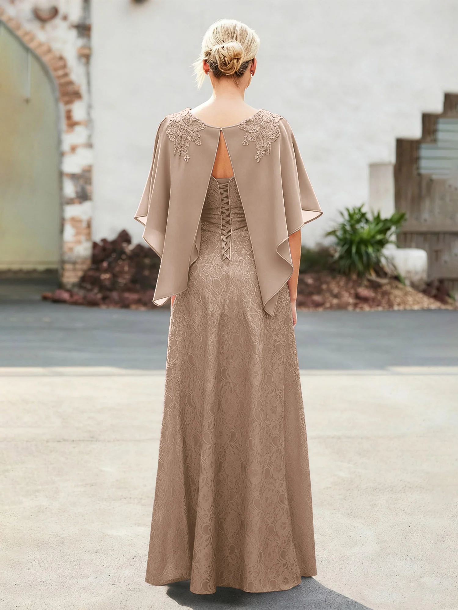 Elegant Scoop Cape Chiffon Lace A-Line Long Dress Taupe - Image 2