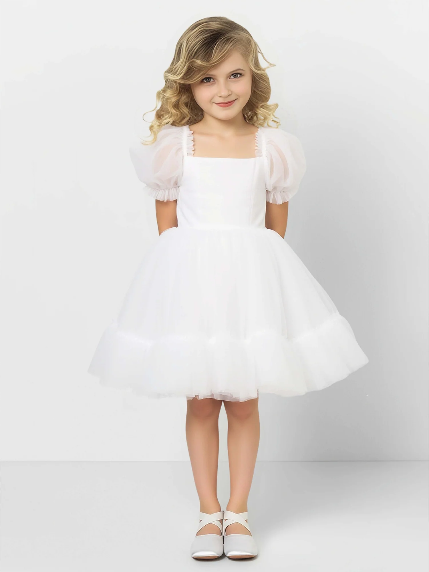 Elegant Square Neck Knee-Length Tulle Flower Girl Dress Ivory