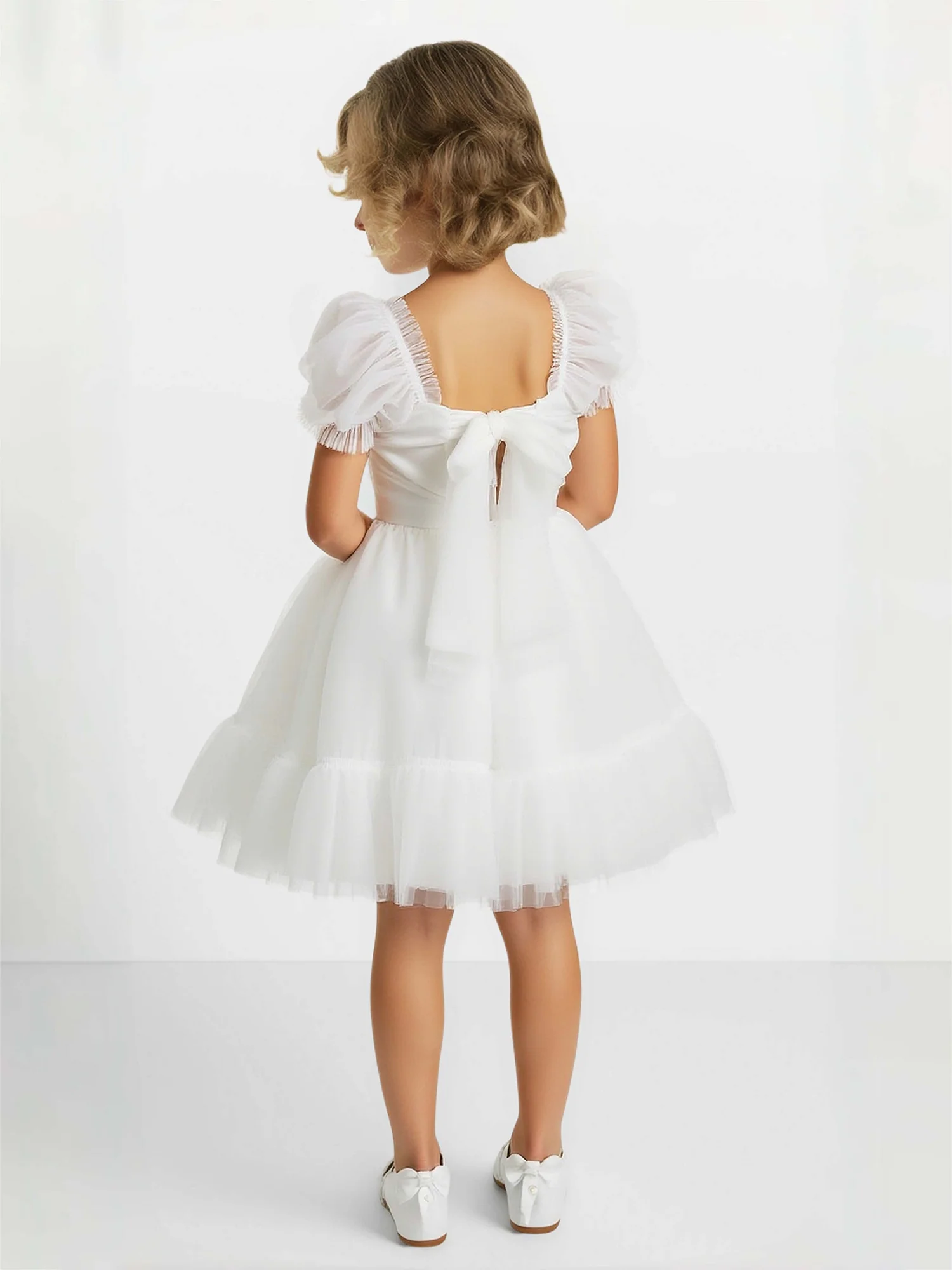 Elegant Square Neck Knee-Length Tulle Flower Girl Dress Ivory - Image 2
