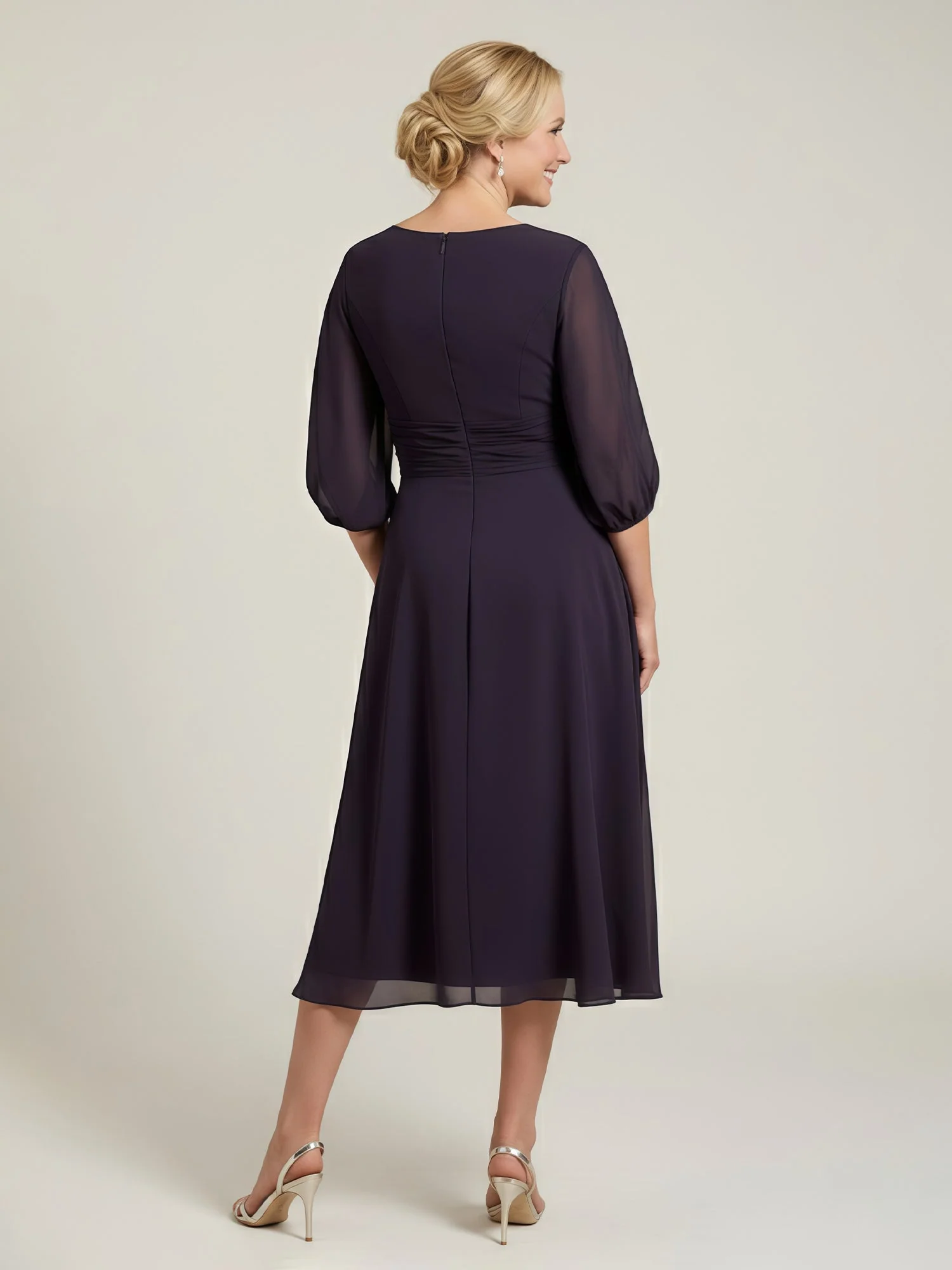 Pleated Scoop Neck 3/4 Sleeves Chiffon A-Line Dress Jade - Image 2