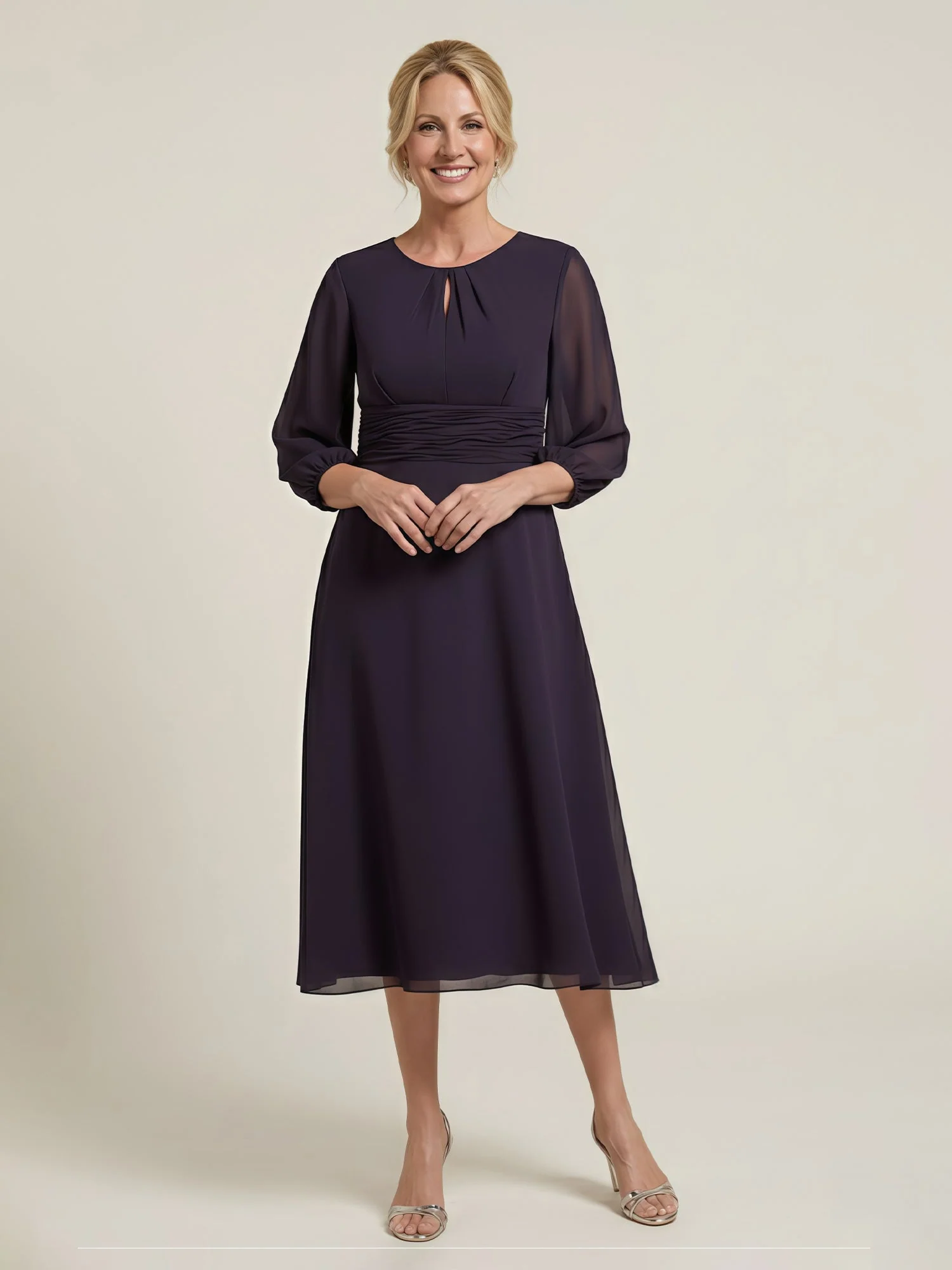 Pleated Scoop Neck 3/4 Sleeves Chiffon A-Line Dress Periwinkle