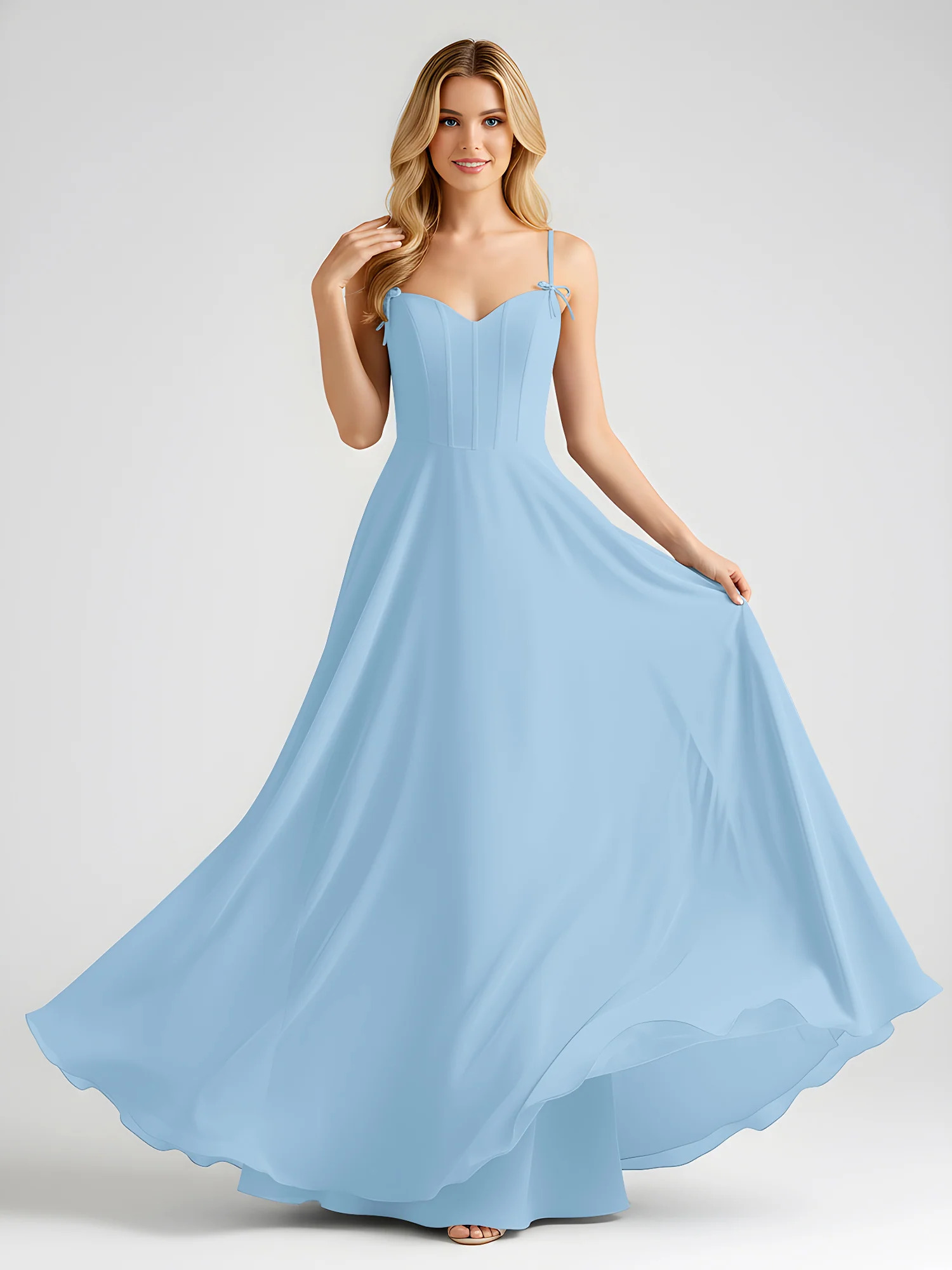 Spaghetti Strap A-Line Maxi with Bow Ties Blue - Image 3