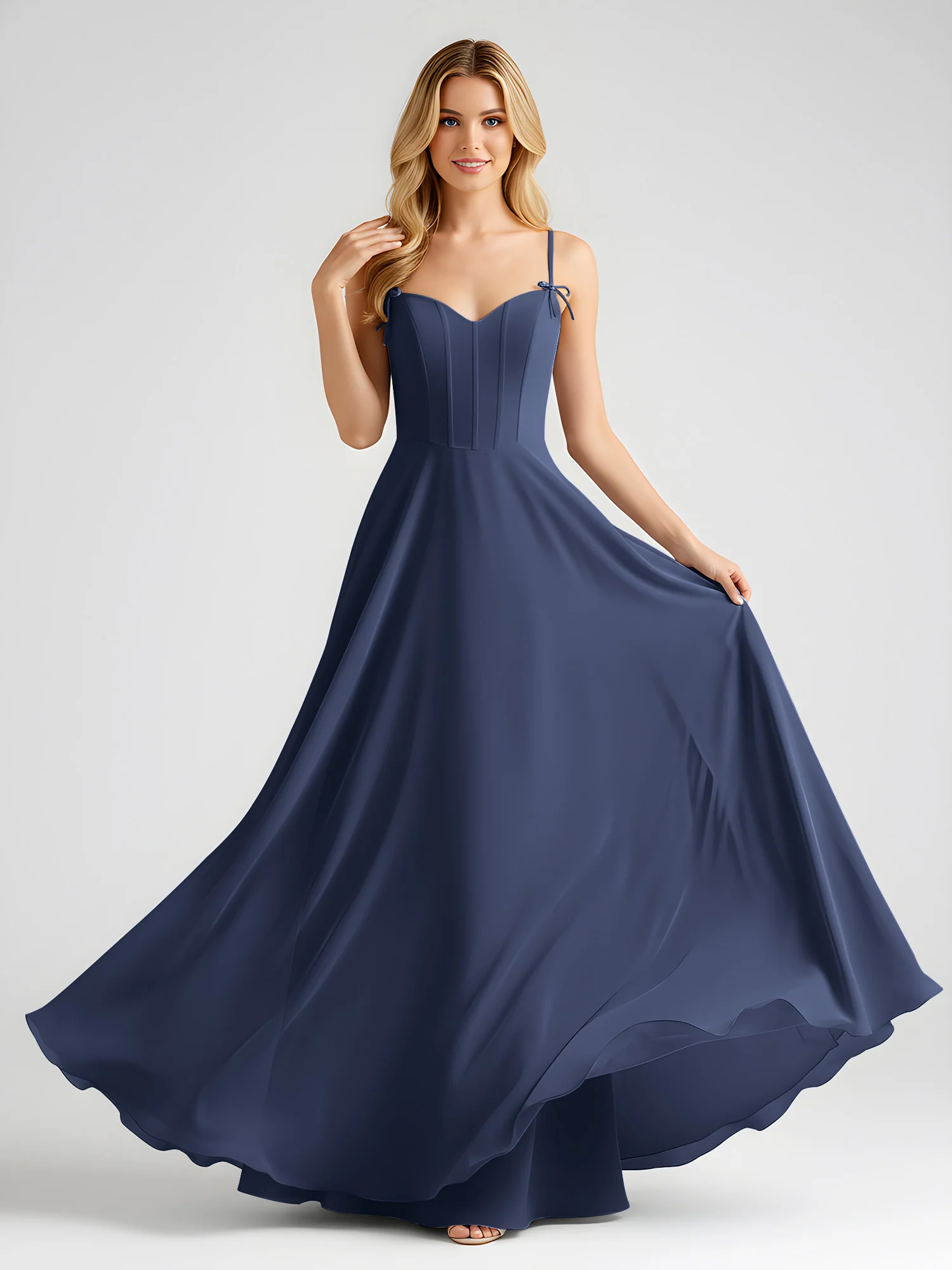 Spaghetti Strap A-Line Maxi with Bow Ties Dark Navy - Image 3