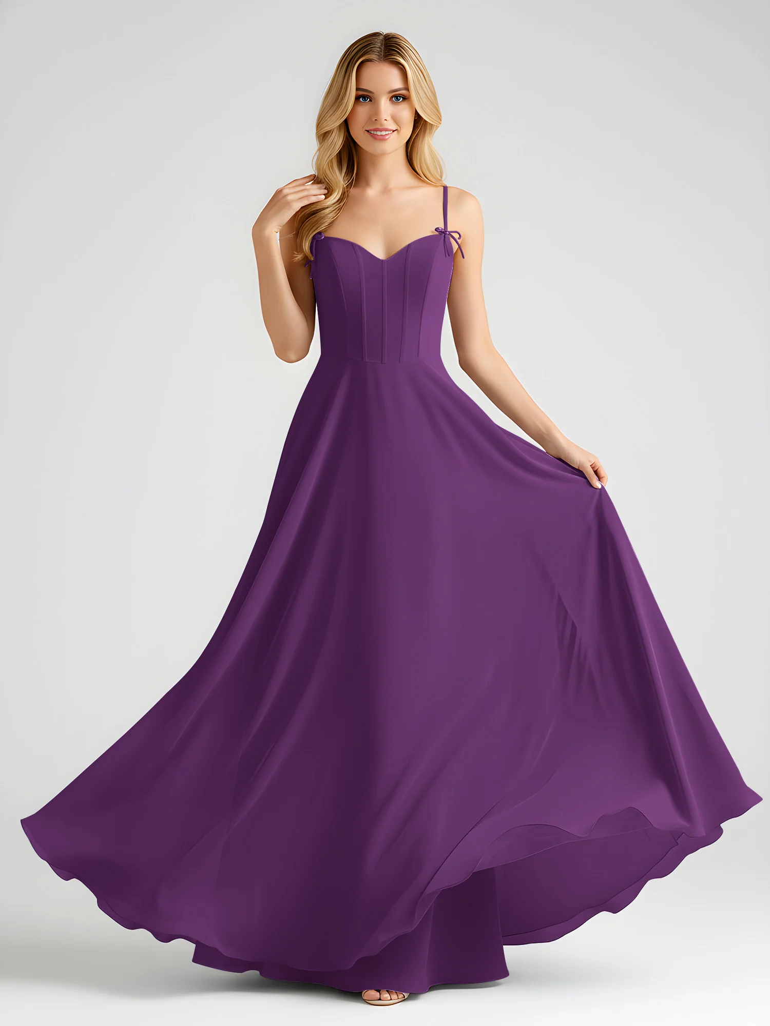Spaghetti Strap A-Line Maxi with Bow Ties Grape - Image 3