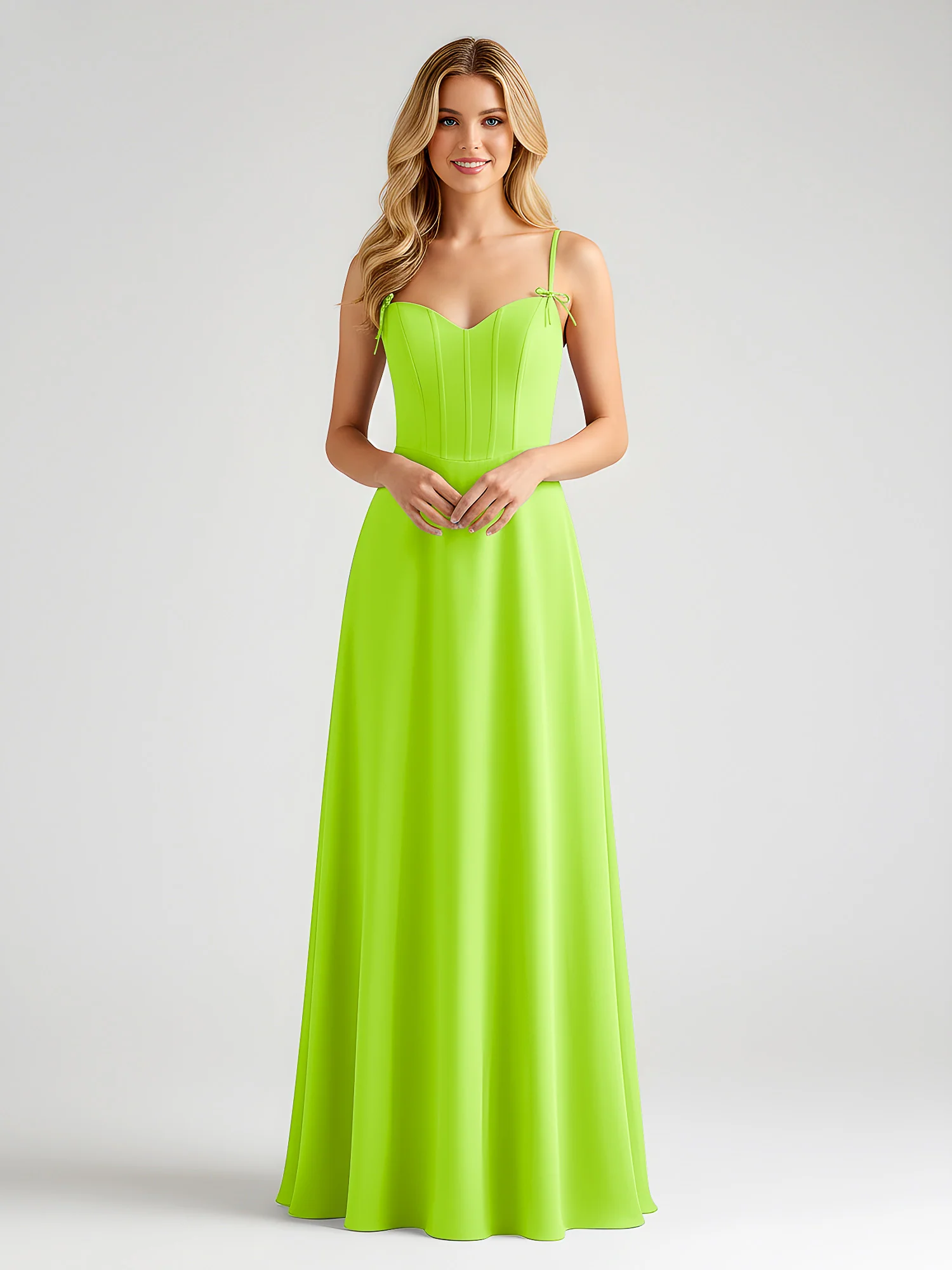 Spaghetti Strap A-Line Maxi with Bow Ties Lime Green