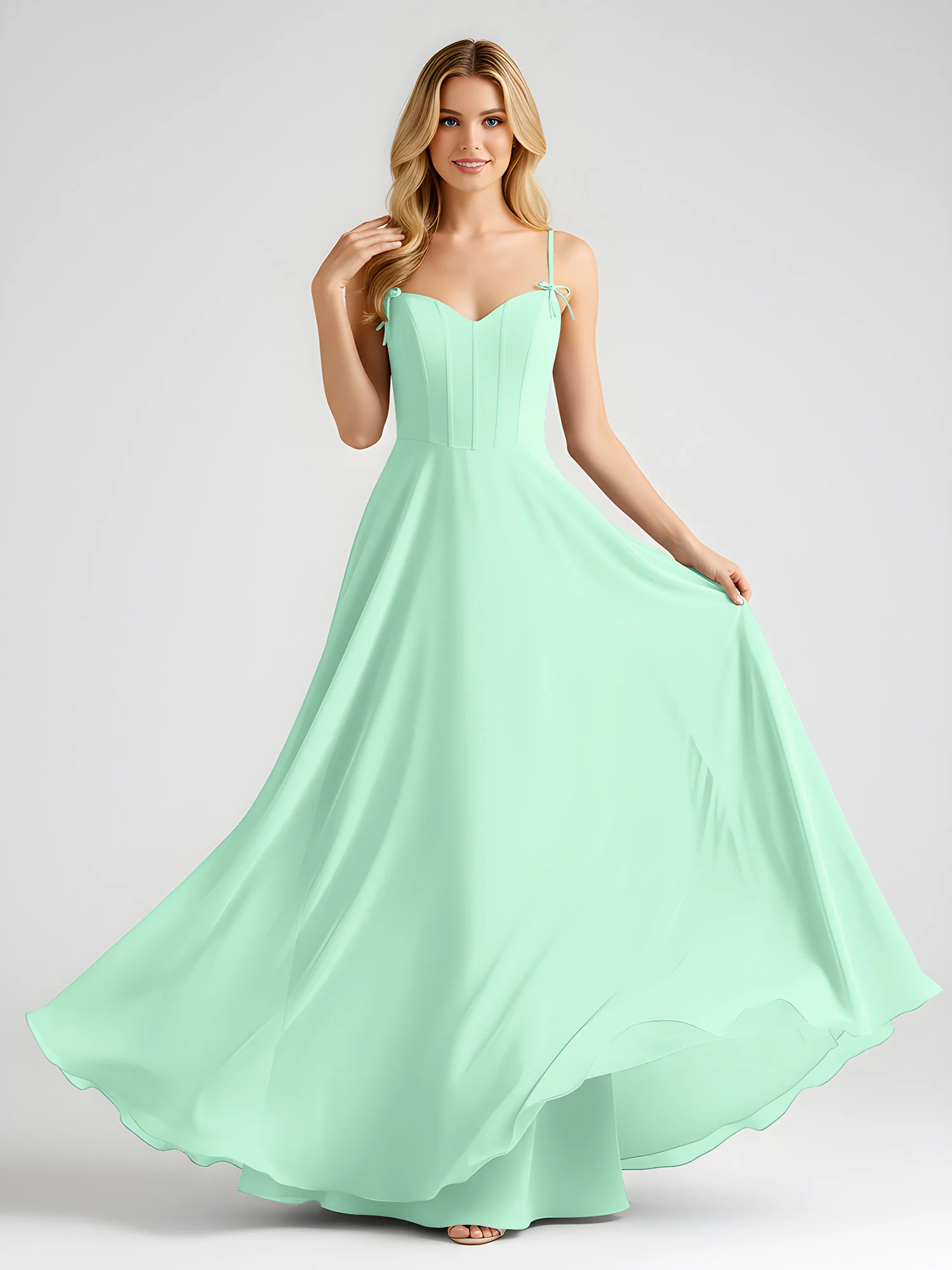 Spaghetti Strap A-Line Maxi with Bow Ties Mint Green - Image 3
