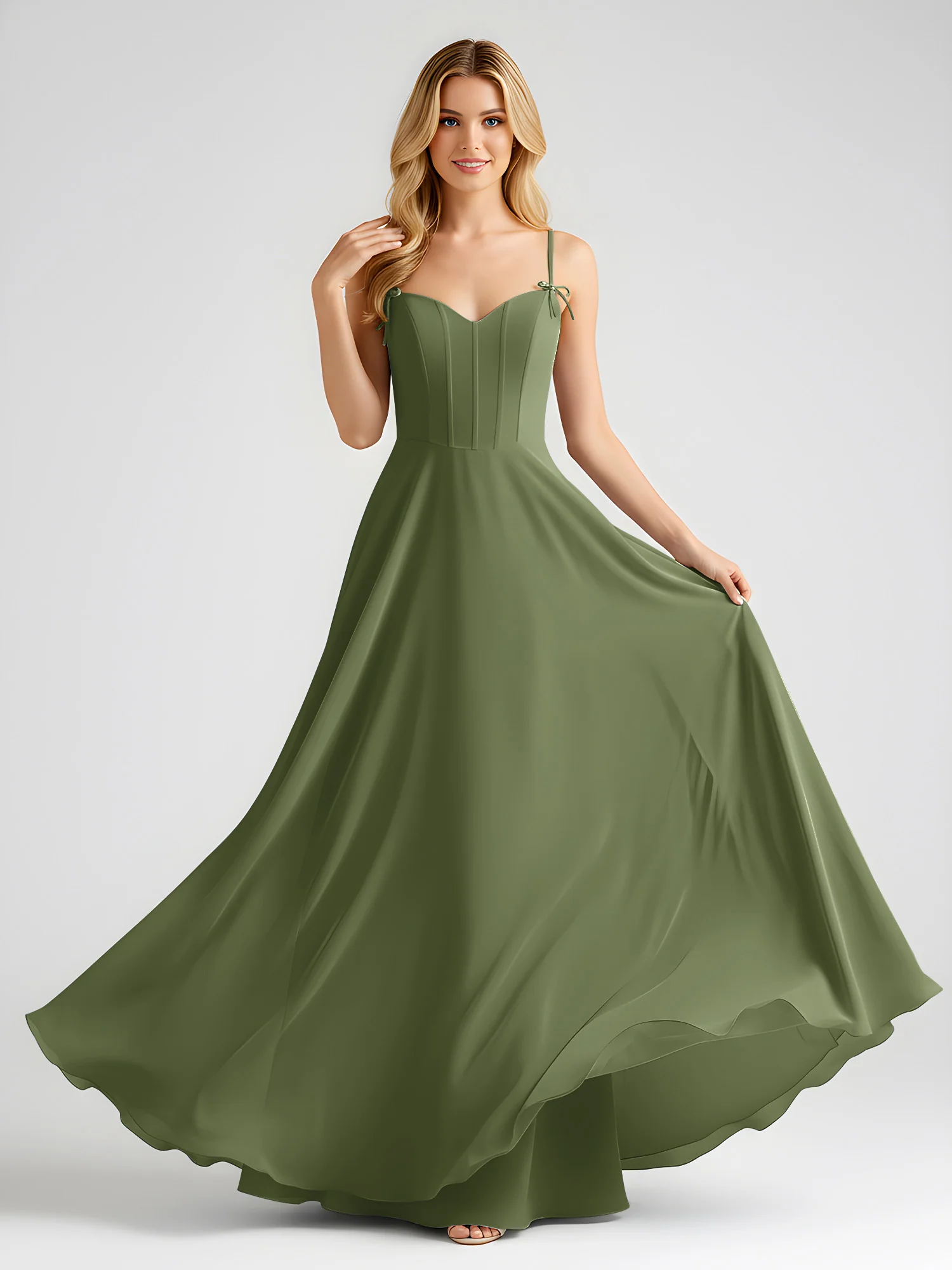 Spaghetti Strap A-Line Maxi with Bow Ties Olive Green - Image 3