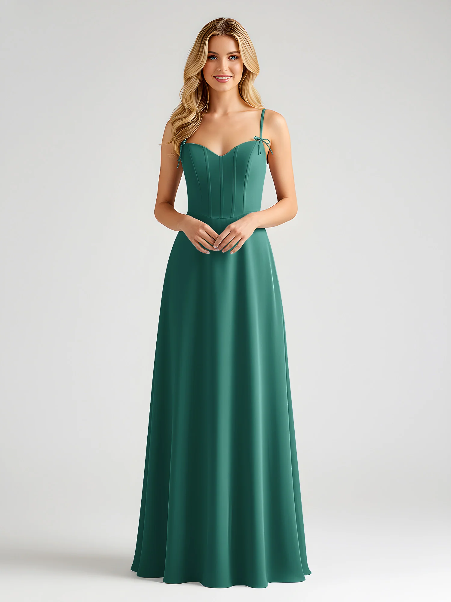Spaghetti Strap A-Line Maxi with Bow Ties Peacock