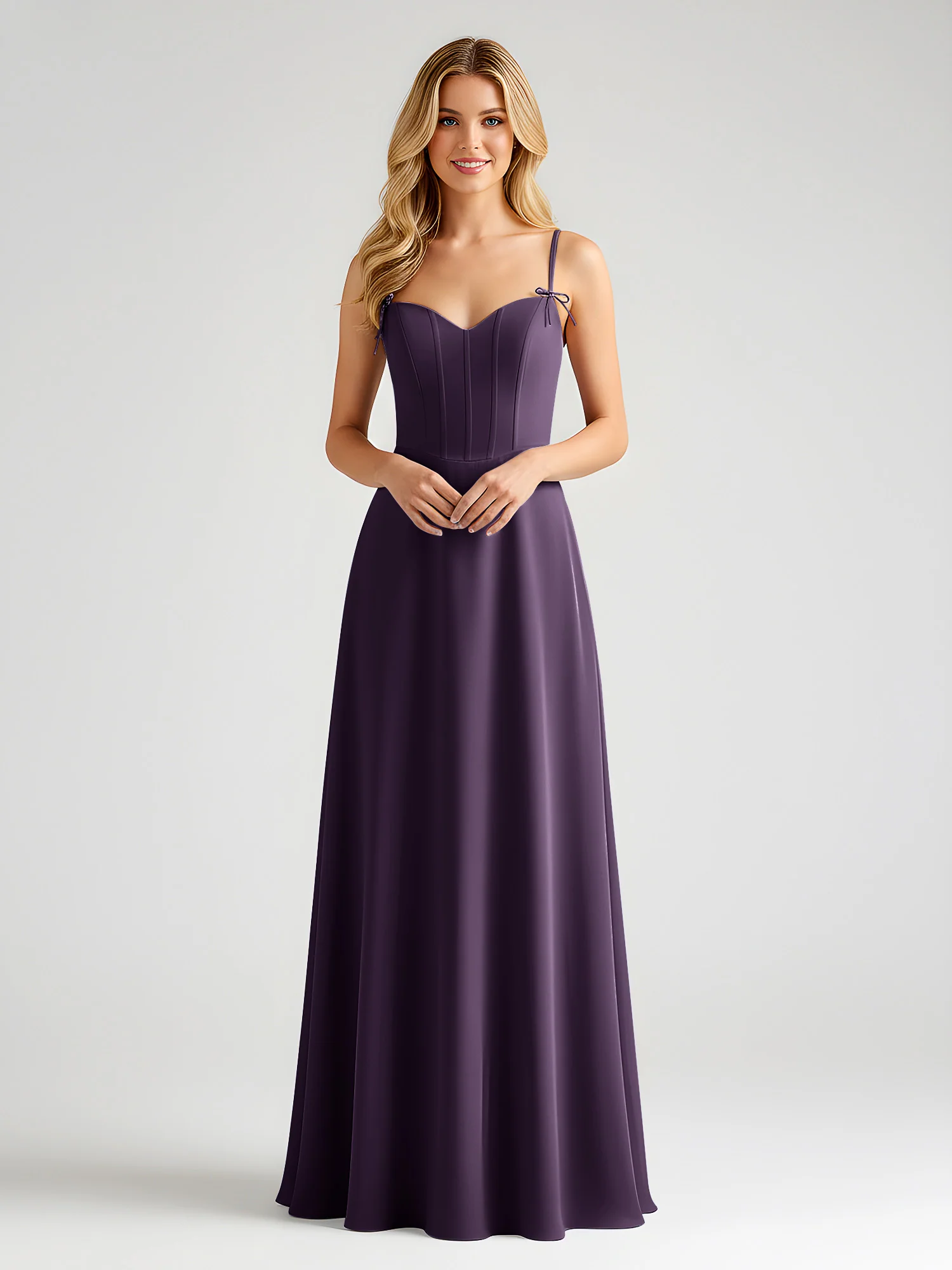 Spaghetti Strap A-Line Maxi with Bow Ties Plum
