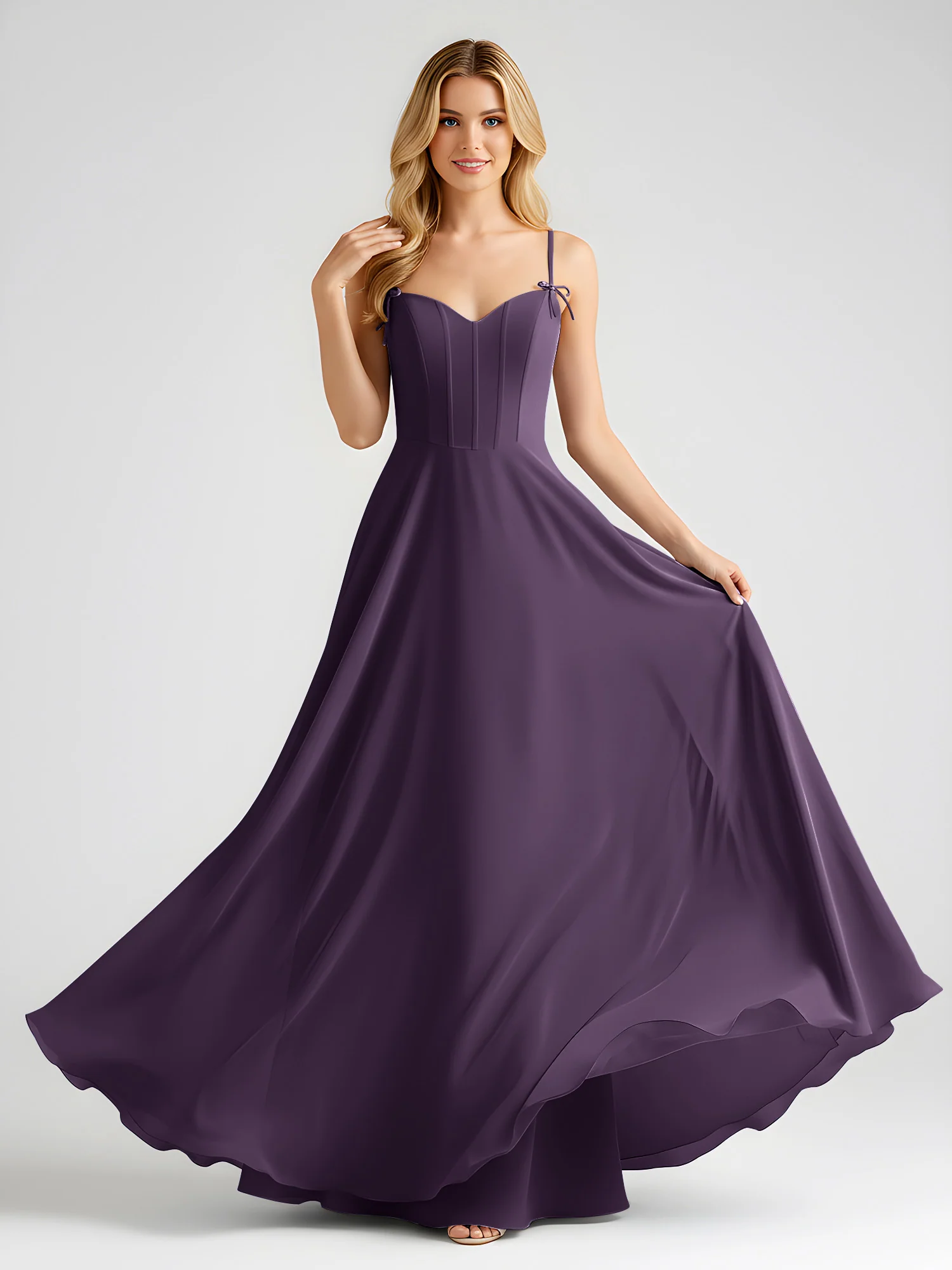Spaghetti Strap A-Line Maxi with Bow Ties Plum - Image 3