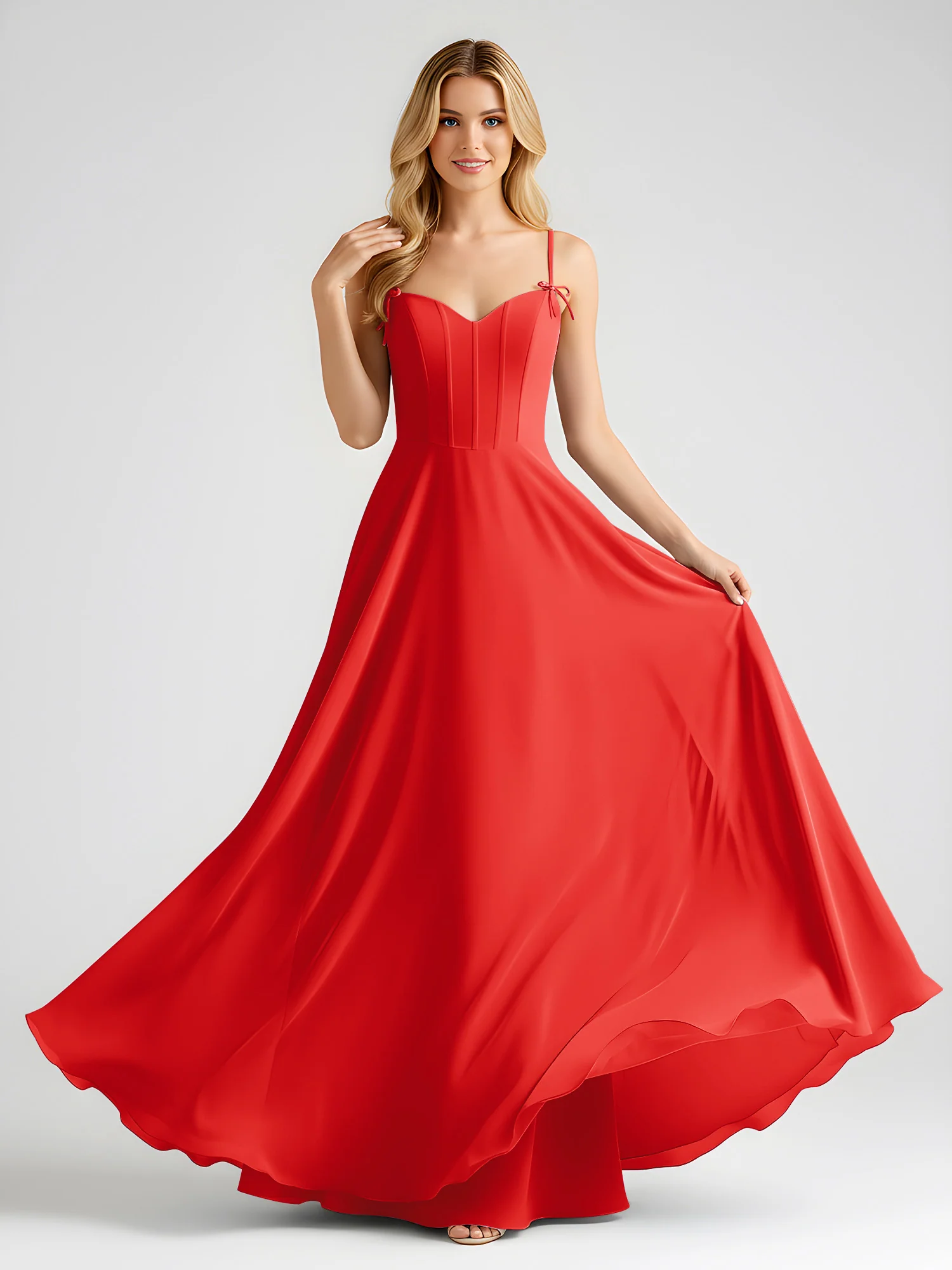 Spaghetti Strap A-Line Maxi with Bow Ties Red - Image 3