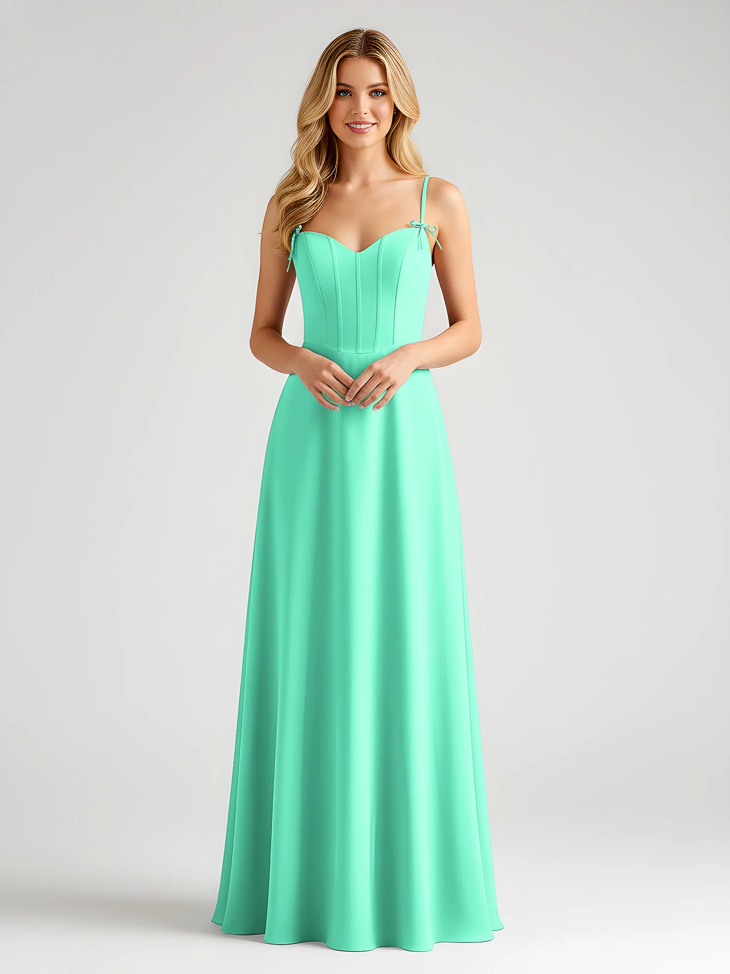 Spaghetti Strap A-Line Maxi with Bow Ties Turquoise