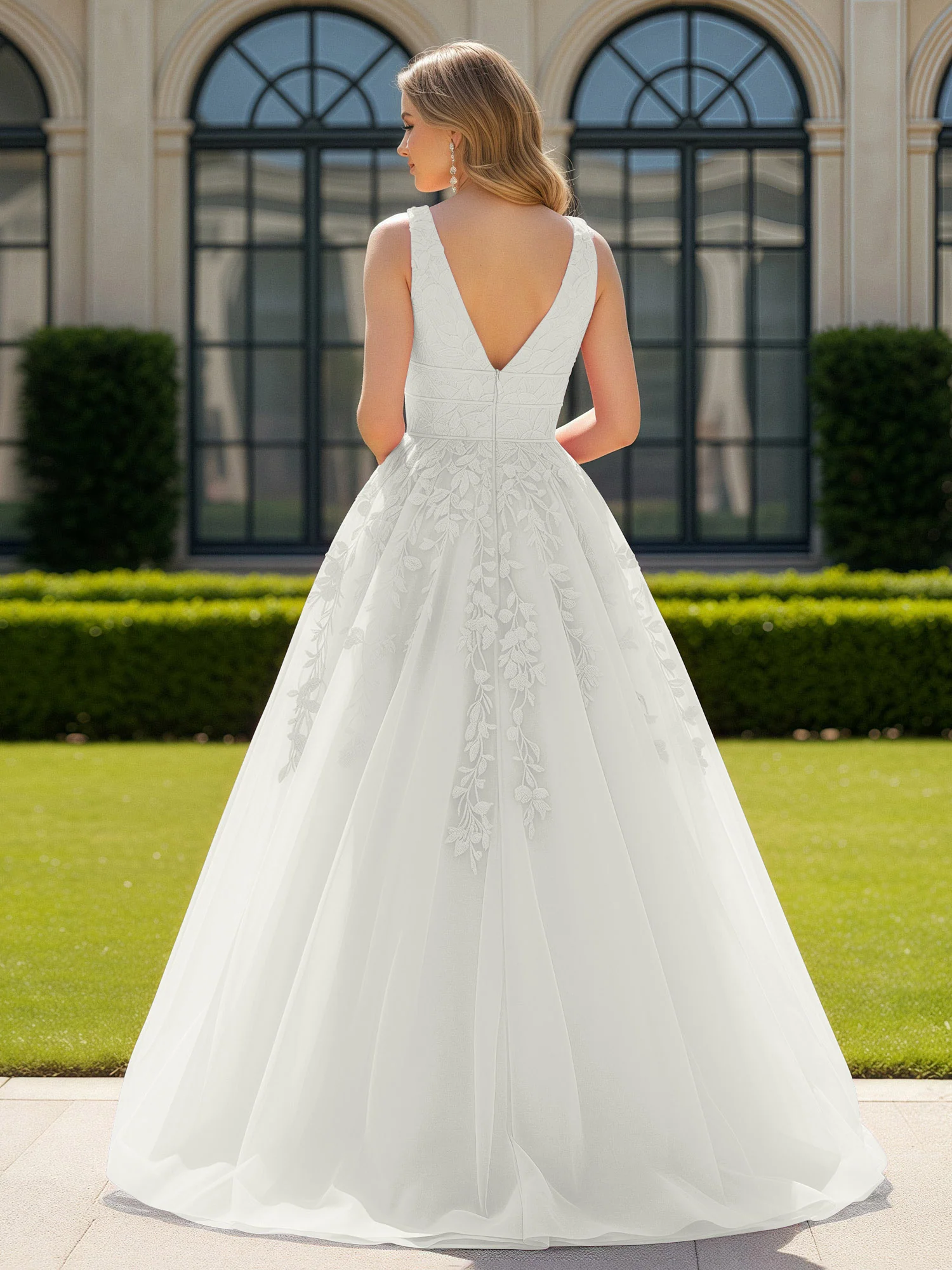 Appliqued Tulle Open Back Plunging V-Neck Prom Dress Ivory - Image 2