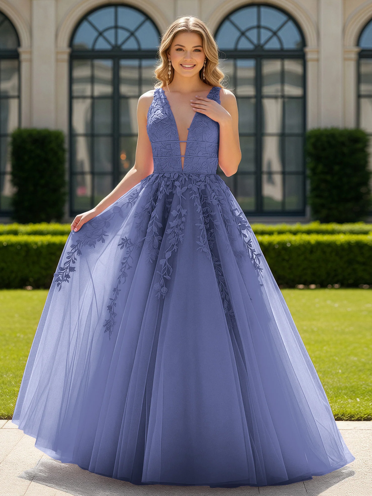 Appliqued Tulle Open Back Plunging V-Neck Prom Dress Periwinkle