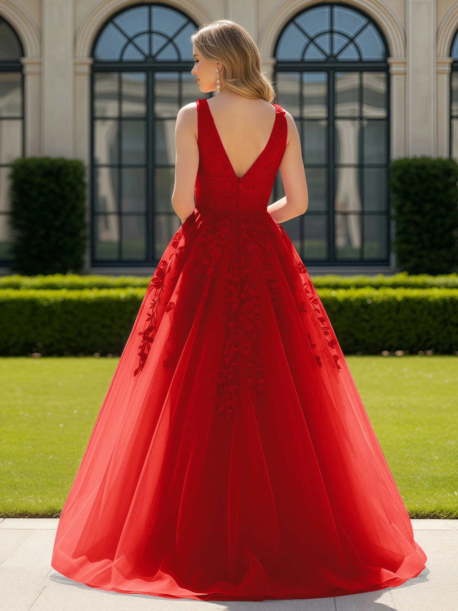 Appliqued Tulle Open Back Plunging V-Neck Prom Dress Red - Image 2
